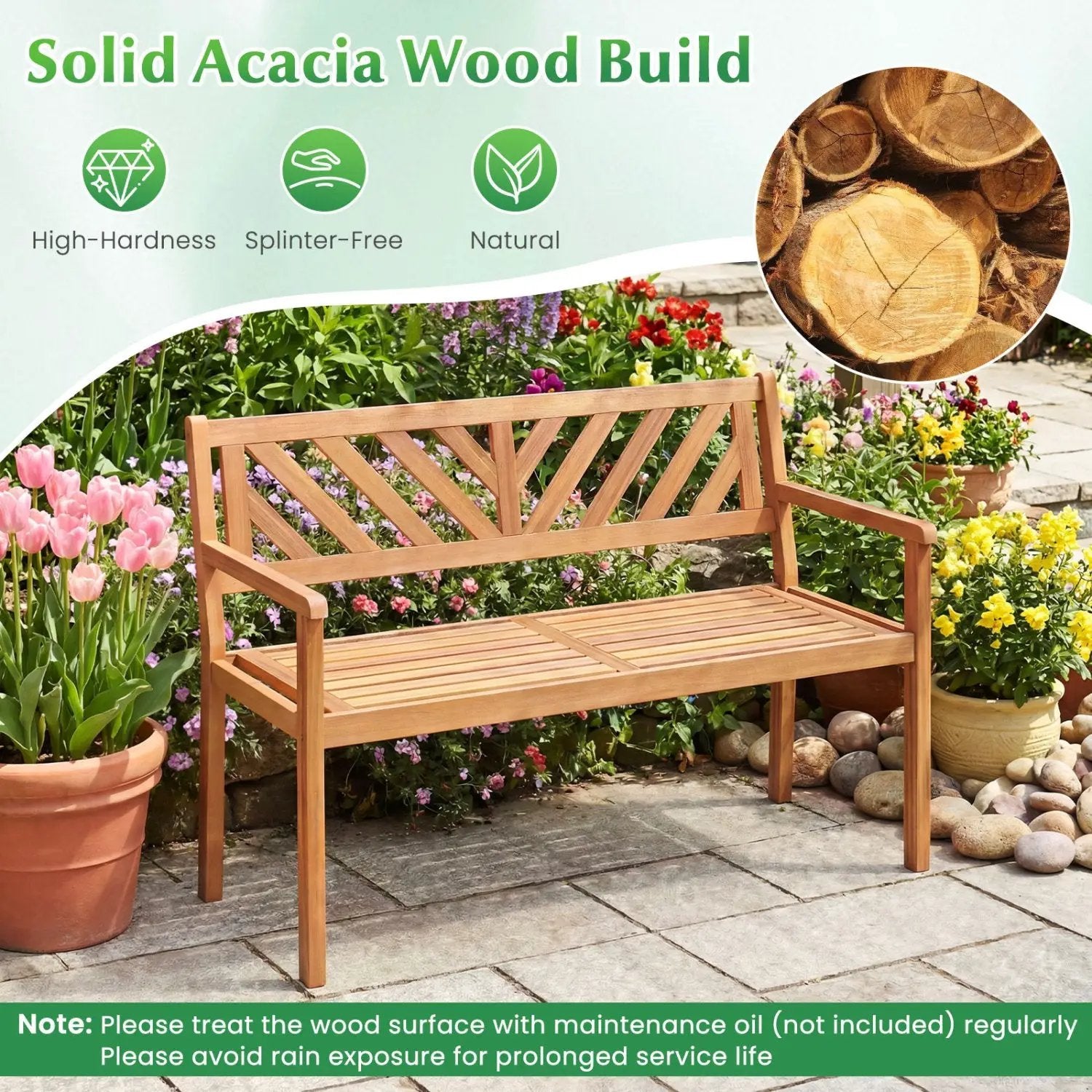 2-Person Patio Acacia Wood Garden Chair with Armrests and Backrest for Porch by DirectDeals