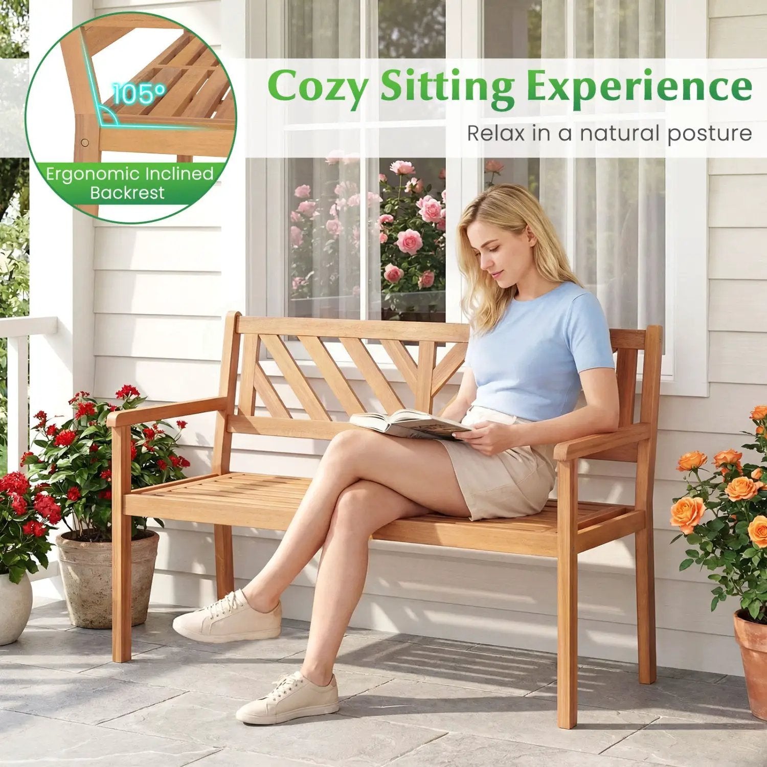 2-Person Patio Acacia Wood Garden Chair with Armrests and Backrest for Porch by DirectDeals