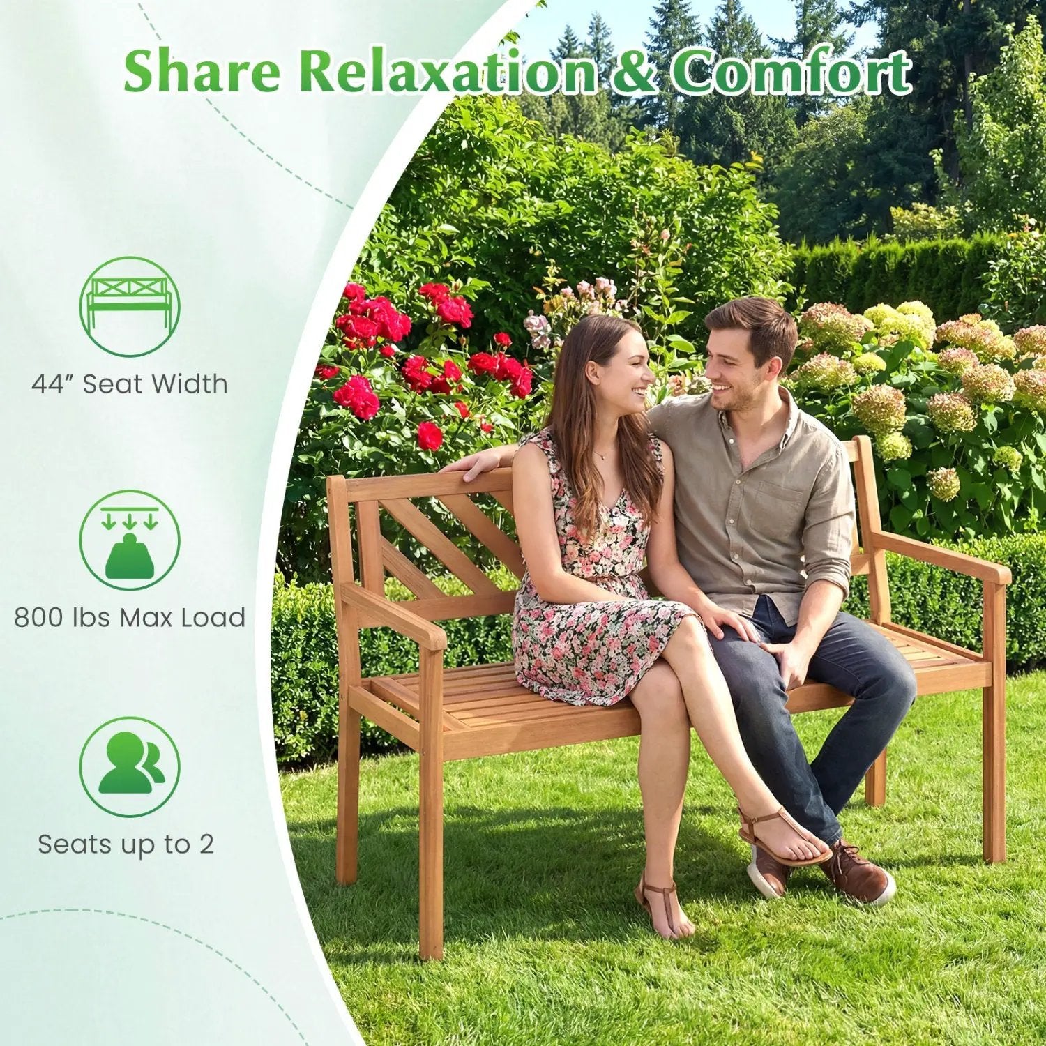 2-Person Patio Acacia Wood Garden Chair with Armrests and Backrest for Porch by DirectDeals