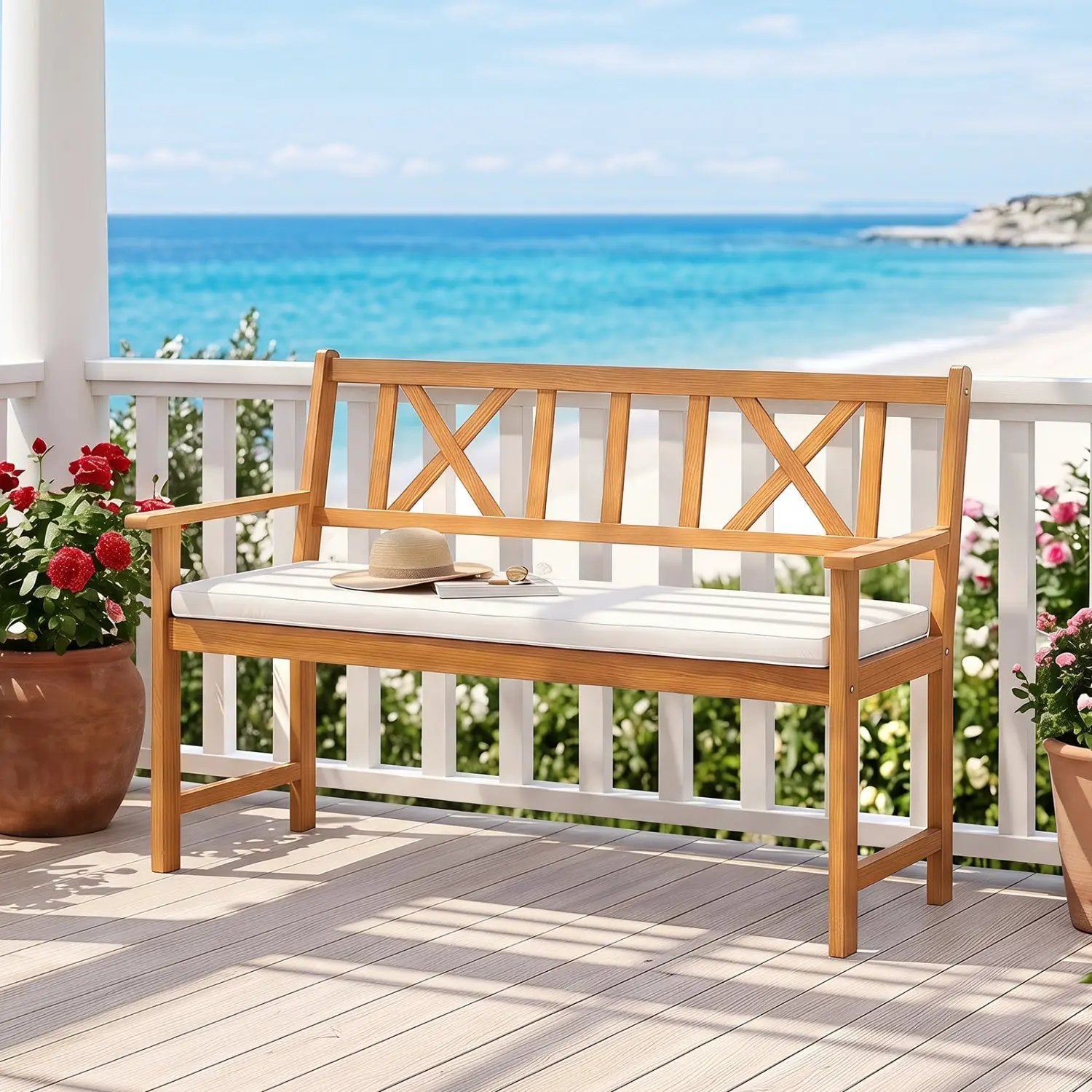 2-Person Acacia Wood Garden Bench with Removable Cushion by DirectDeals