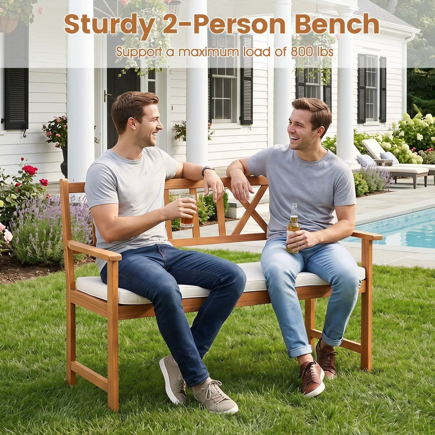 2-Person Acacia Wood Garden Bench with Removable Cushion by DirectDeals