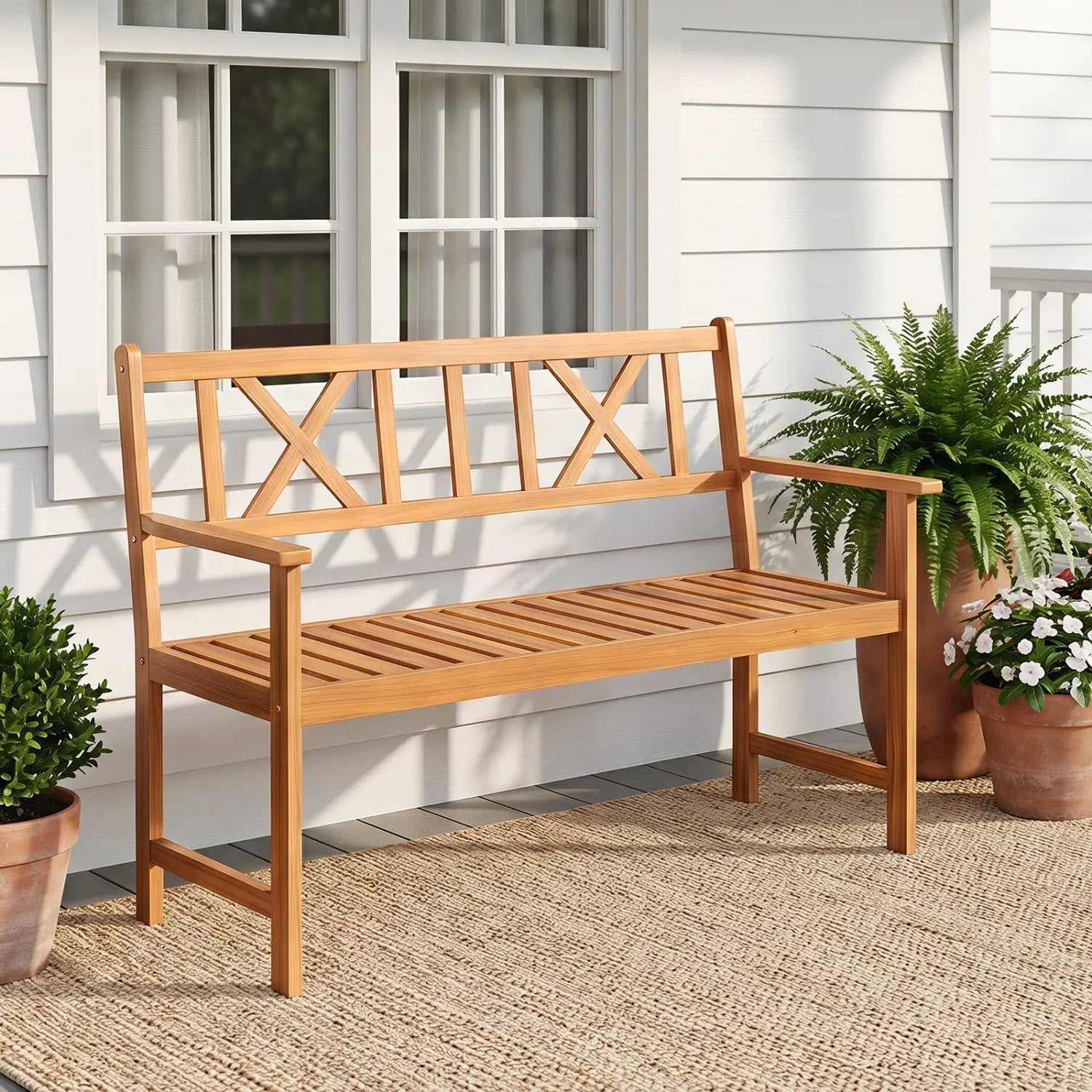 2-Person Acacia Wood Garden Bench with X-Shaped Backrest by DirectDeals