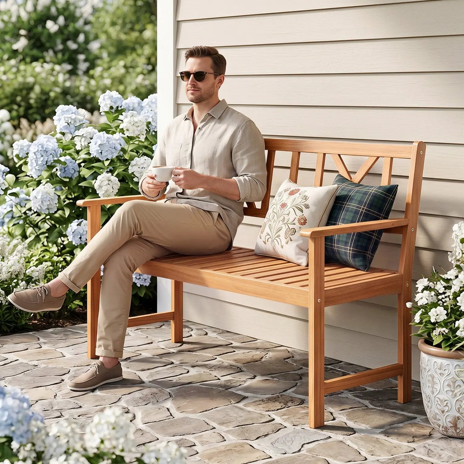 2-Person Acacia Wood Garden Bench with X-Shaped Backrest by DirectDeals