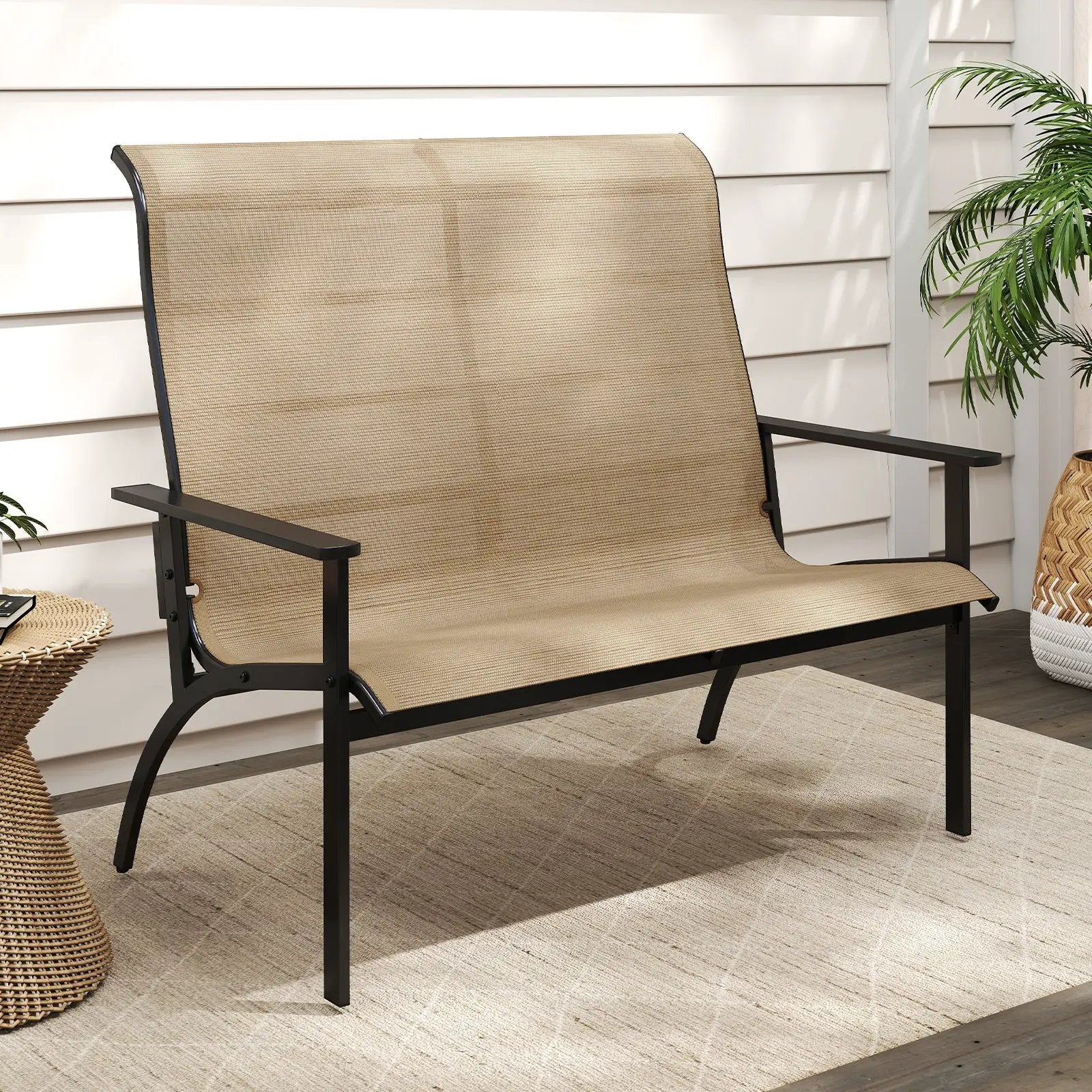2-Person Patio Garden Bench with High Back and Armrests-Coffee by DirectDeals