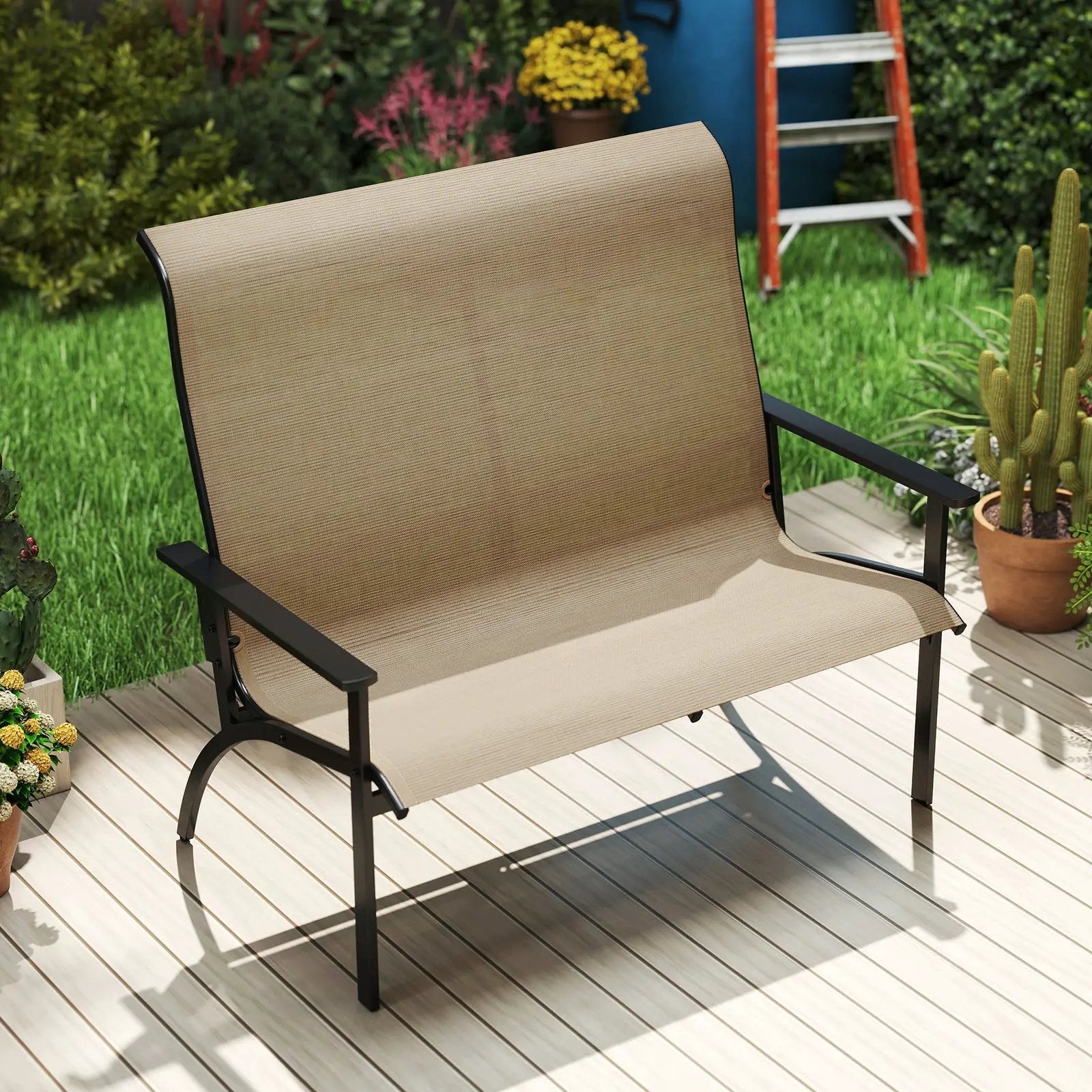 2-Person Patio Garden Bench with High Back and Armrests-Coffee by DirectDeals