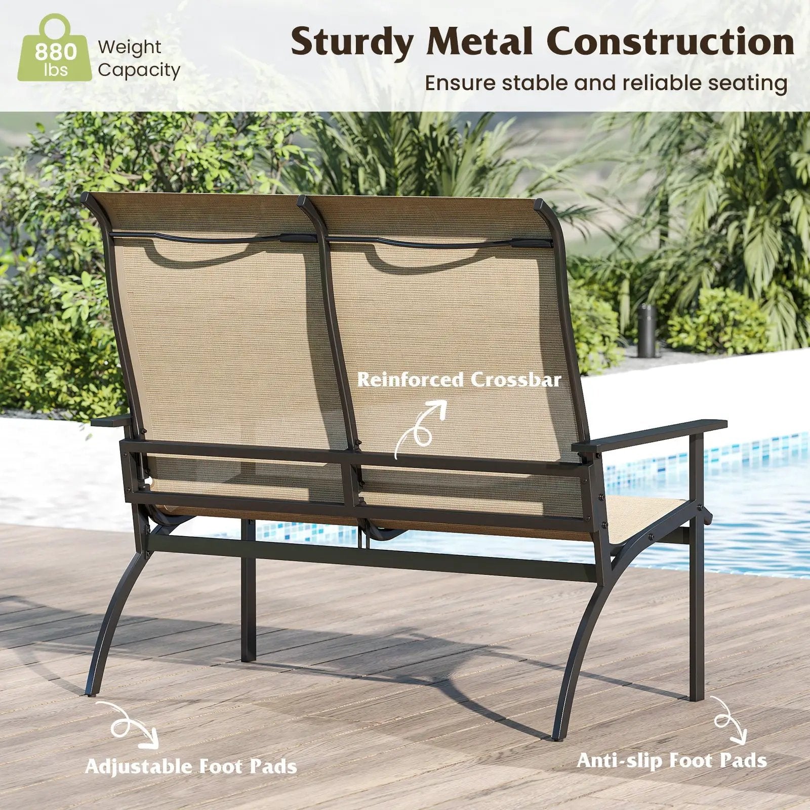 2-Person Patio Garden Bench with High Back and Armrests-Coffee by DirectDeals