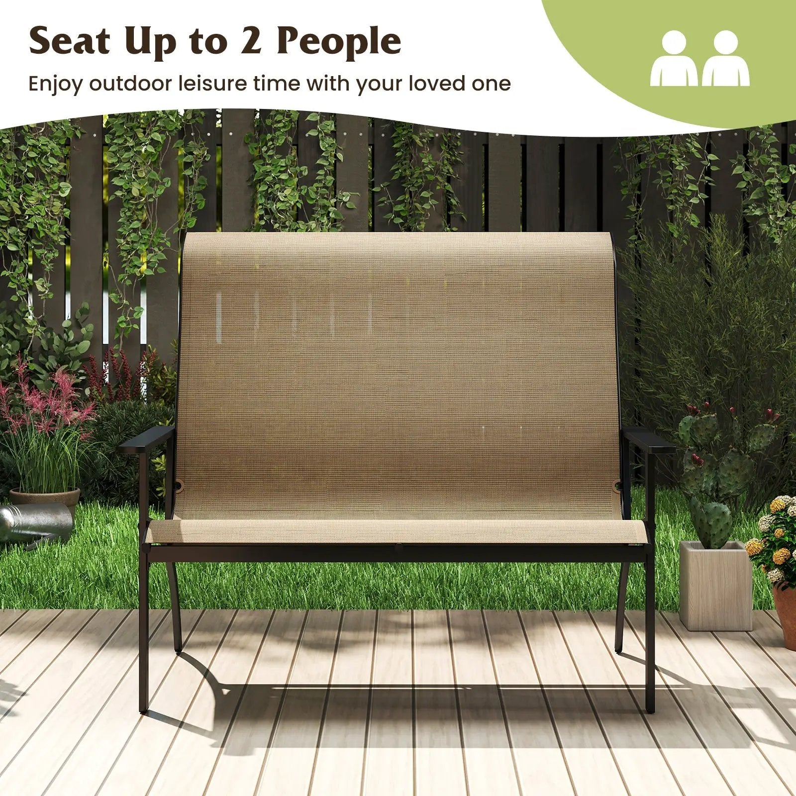 2-Person Patio Garden Bench with High Back and Armrests-Coffee by DirectDeals