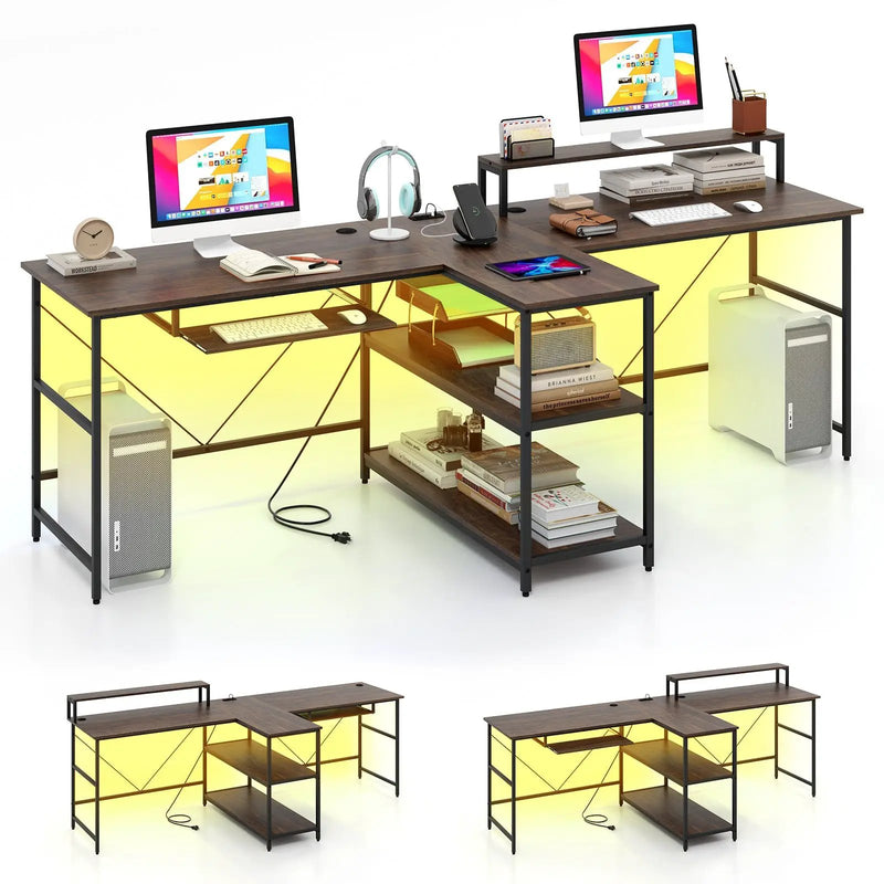 2-Person Reversible Computer Desk Long Office Desk with LED Lights by DirectDeals