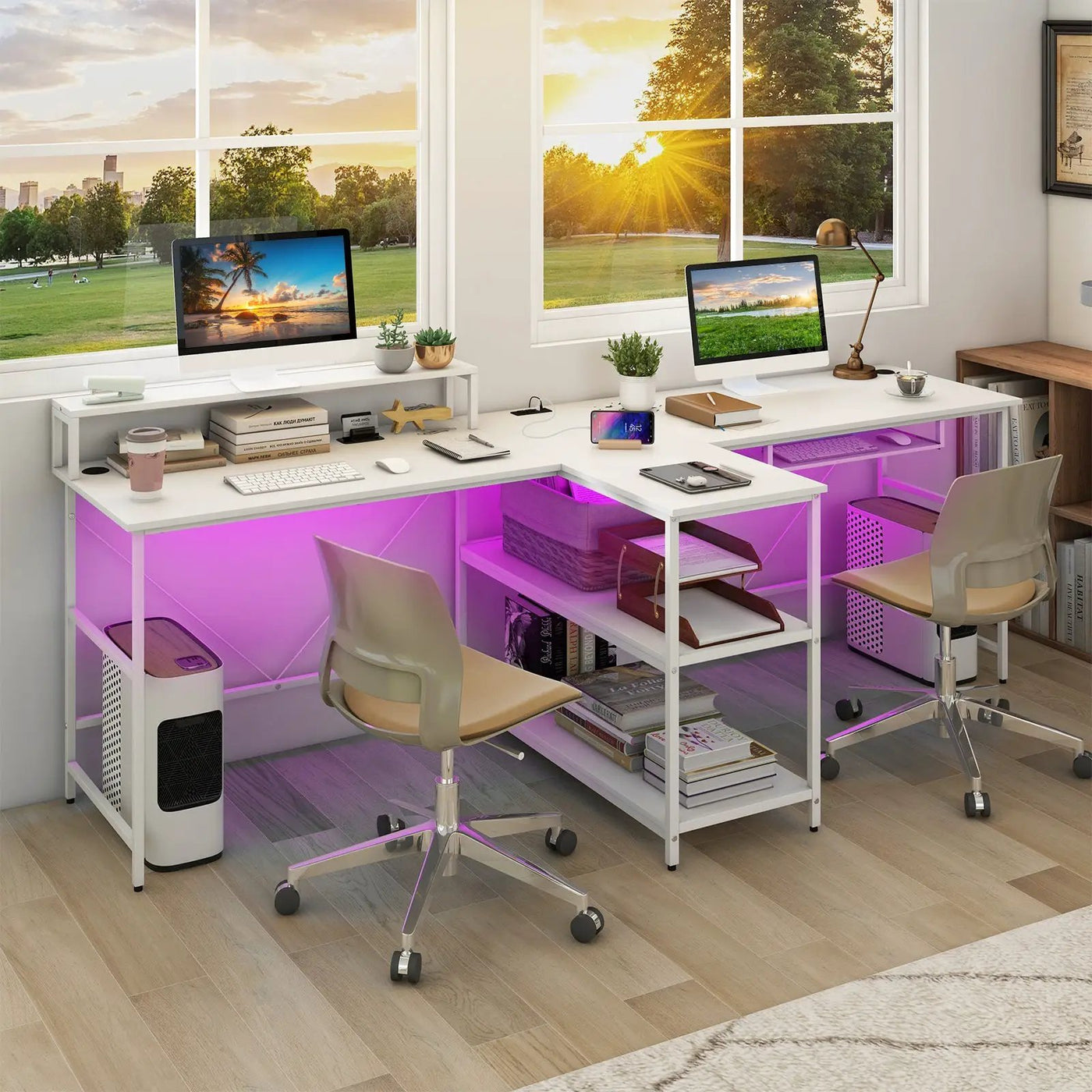 2-Person Reversible Computer Desk Long Office Desk with LED Lights by DirectDeals