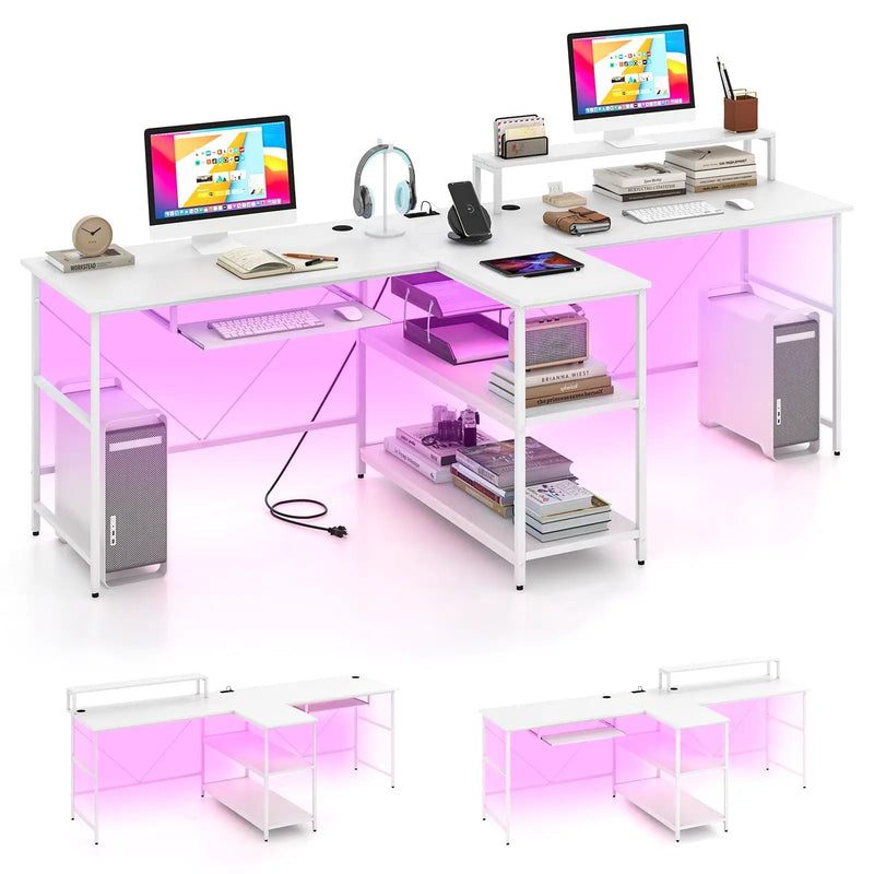 2-Person Reversible Computer Desk Long Office Desk with LED Lights by DirectDeals