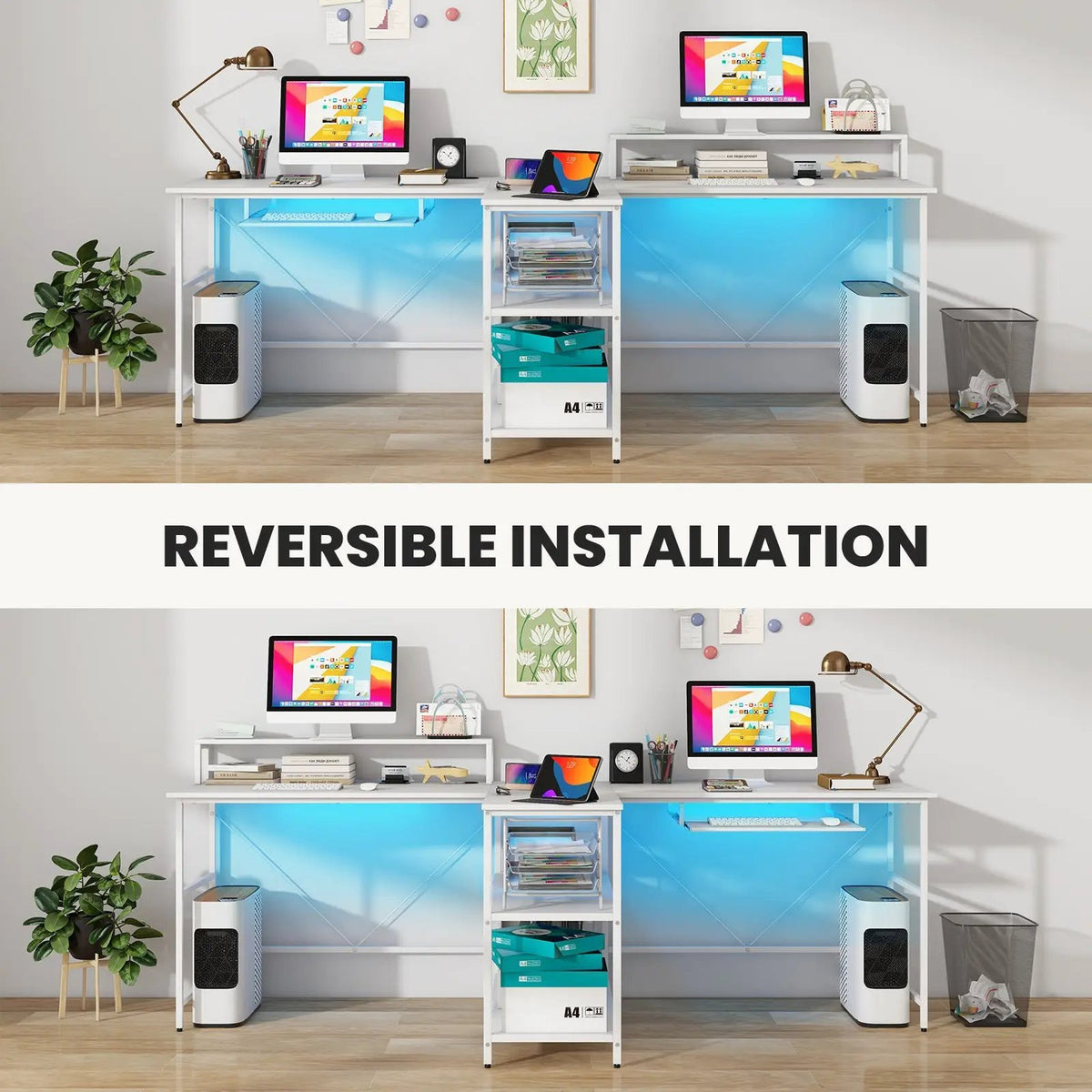 2-Person Reversible Computer Desk Long Office Desk with LED Lights by DirectDeals
