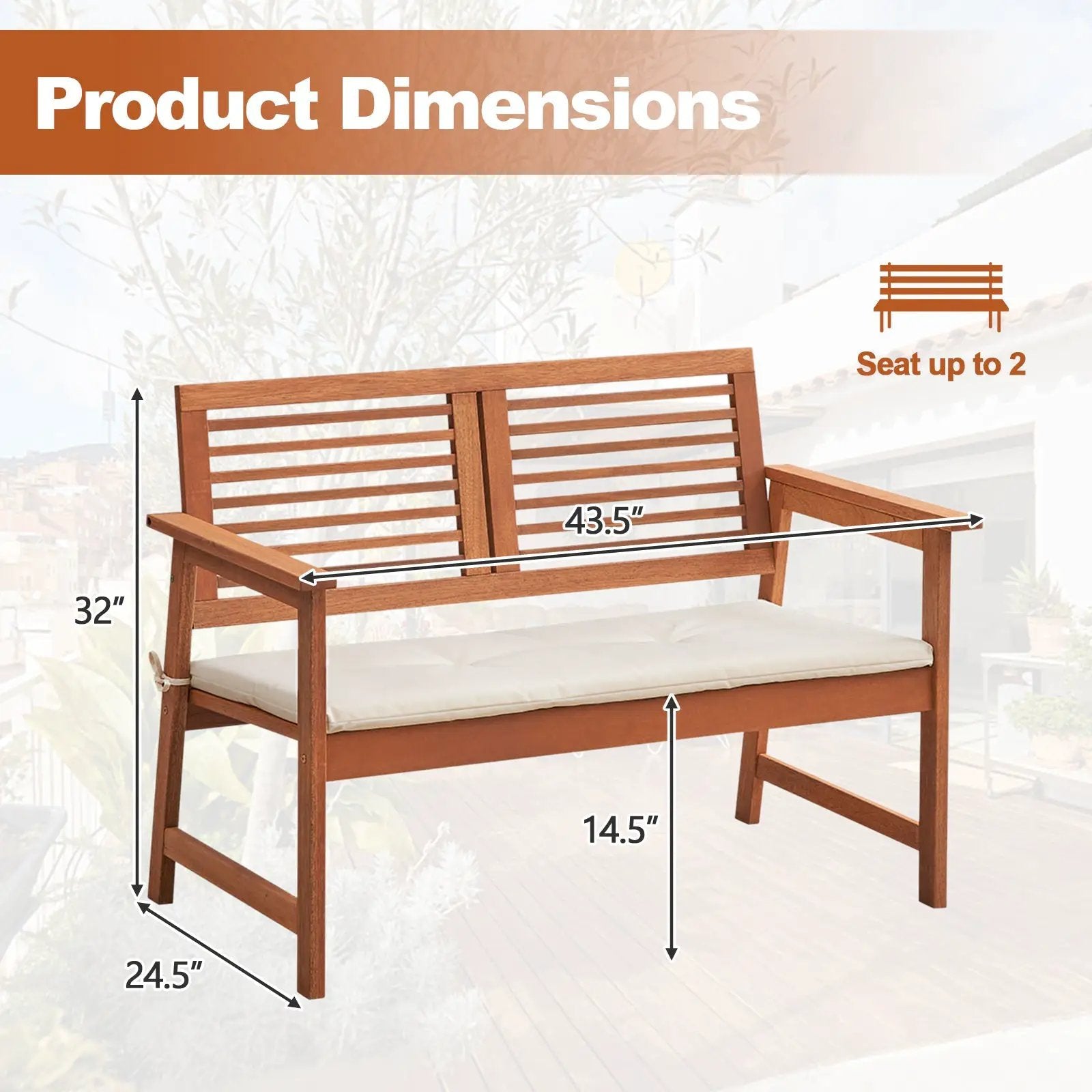 2-Person Solid Wood Patio Bench with Backrest and Cushion by DirectDeals