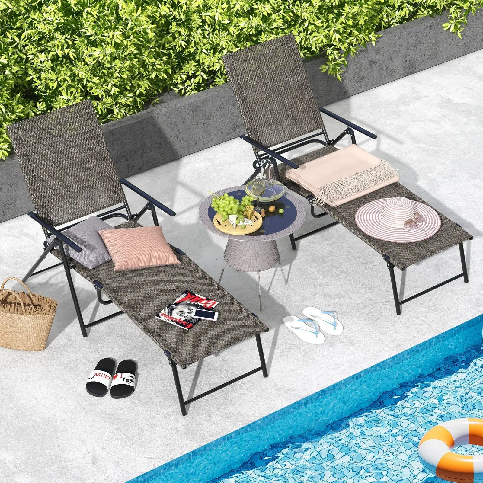 2 Piece Patio Folding Chaise Lounge Chairs Recliner with 6-Level Backrest by DirectDeals
