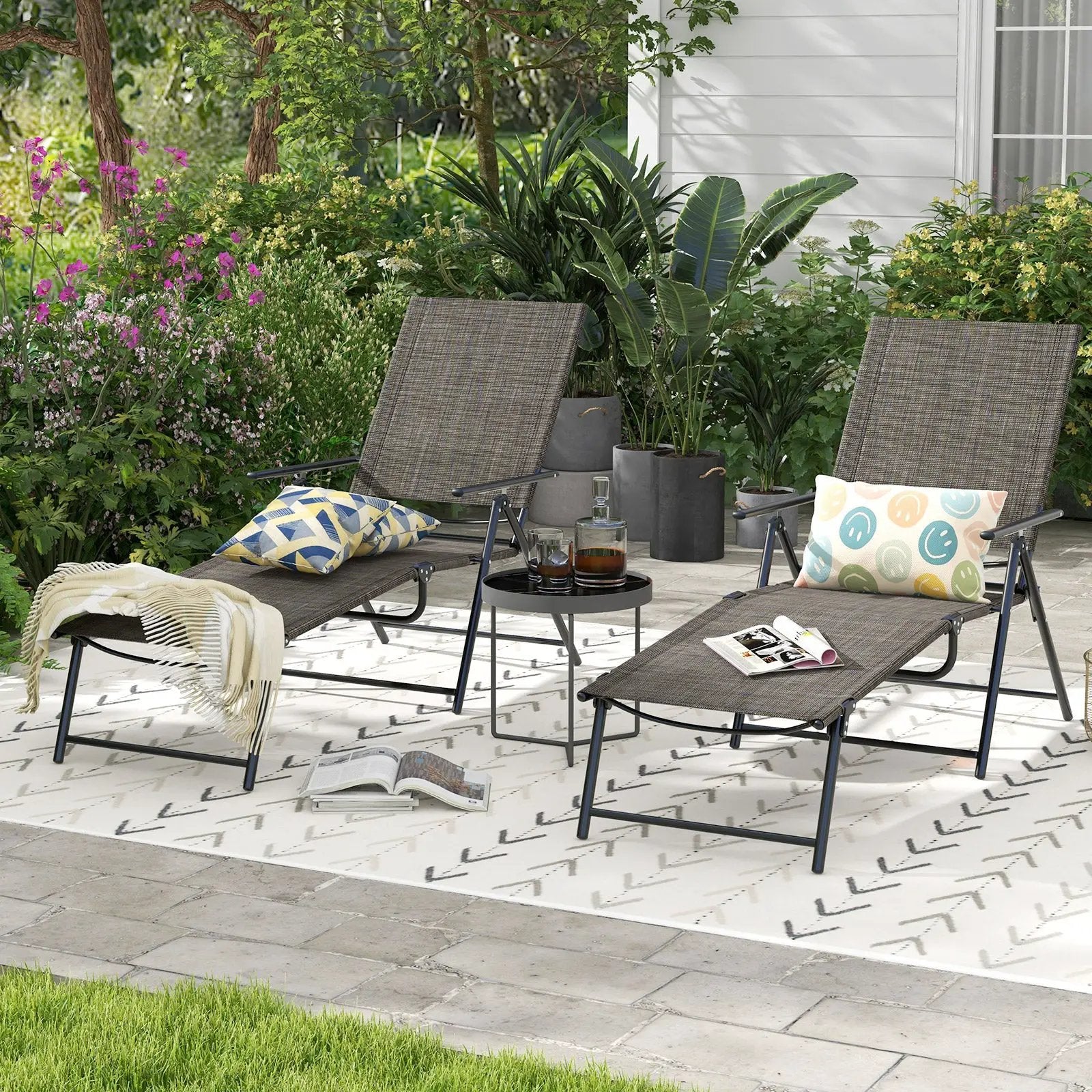 2 Piece Patio Folding Chaise Lounge Chairs Recliner with 6-Level Backrest by DirectDeals