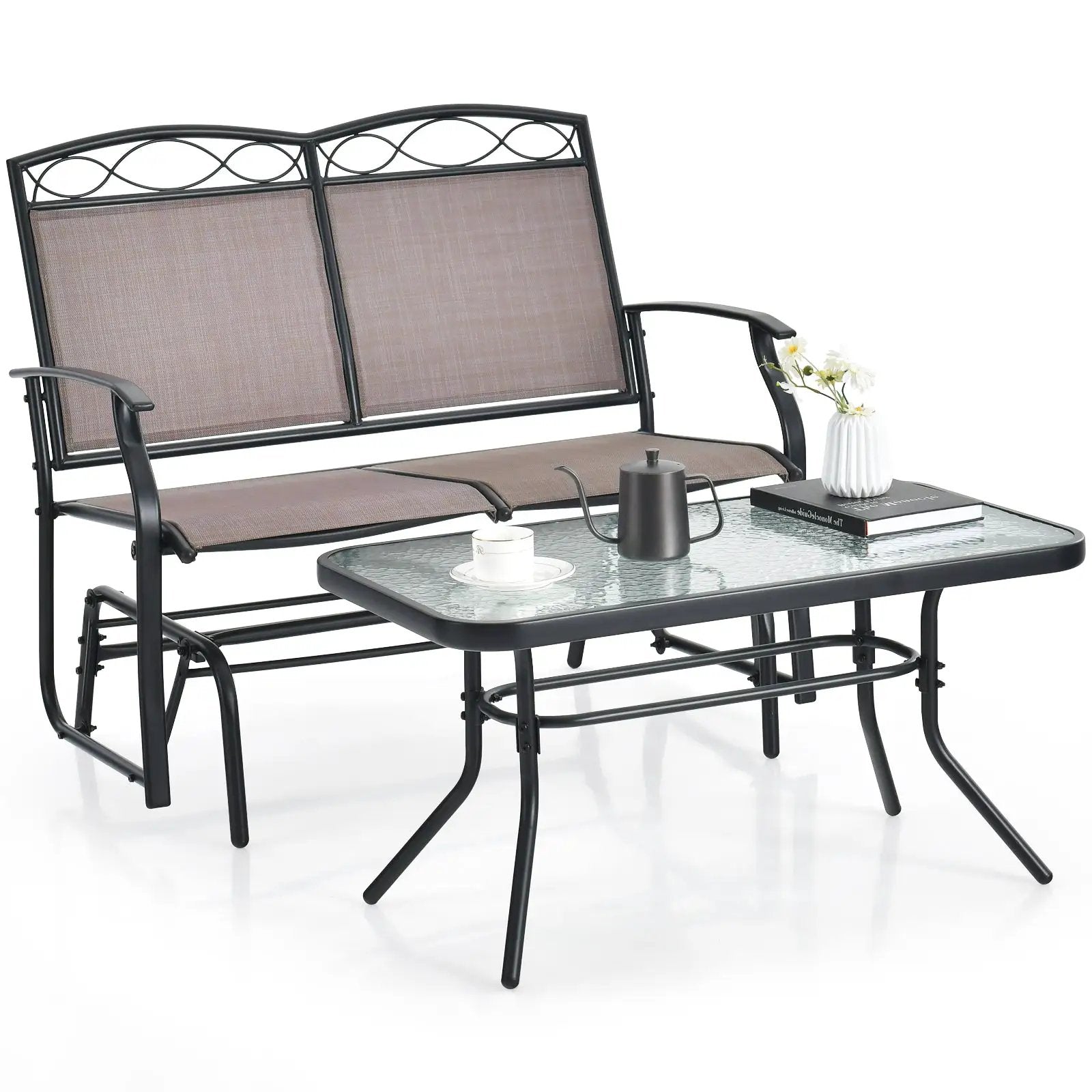 Outdoor Gliding Loveseat Chair with Tempered Glass Coffee Table-2 Pieces by DirectDeals