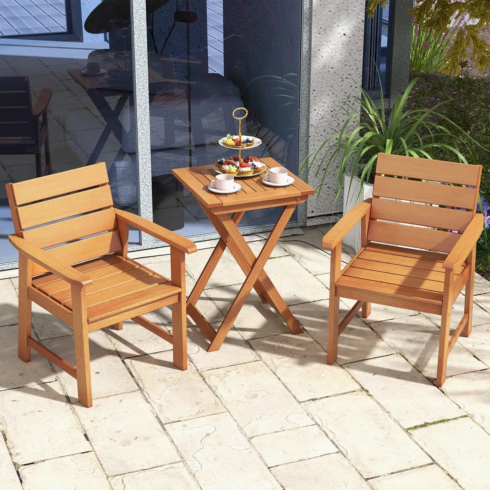 2 Piece Patio Hardwood Chair with Slatted Seat and Inclined Backrest by DirectDeals