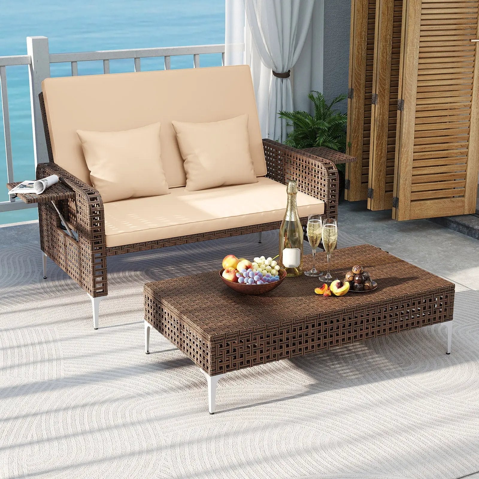 2 Piece Patio Rattan Daybed Wicker Loveseat and Ottoman with Adjustable Backrest by DirectDeals