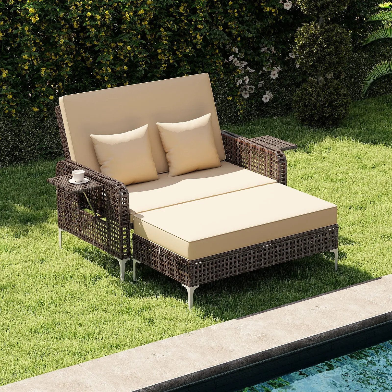 2 Piece Patio Rattan Daybed Wicker Loveseat and Ottoman with Adjustable Backrest by DirectDeals