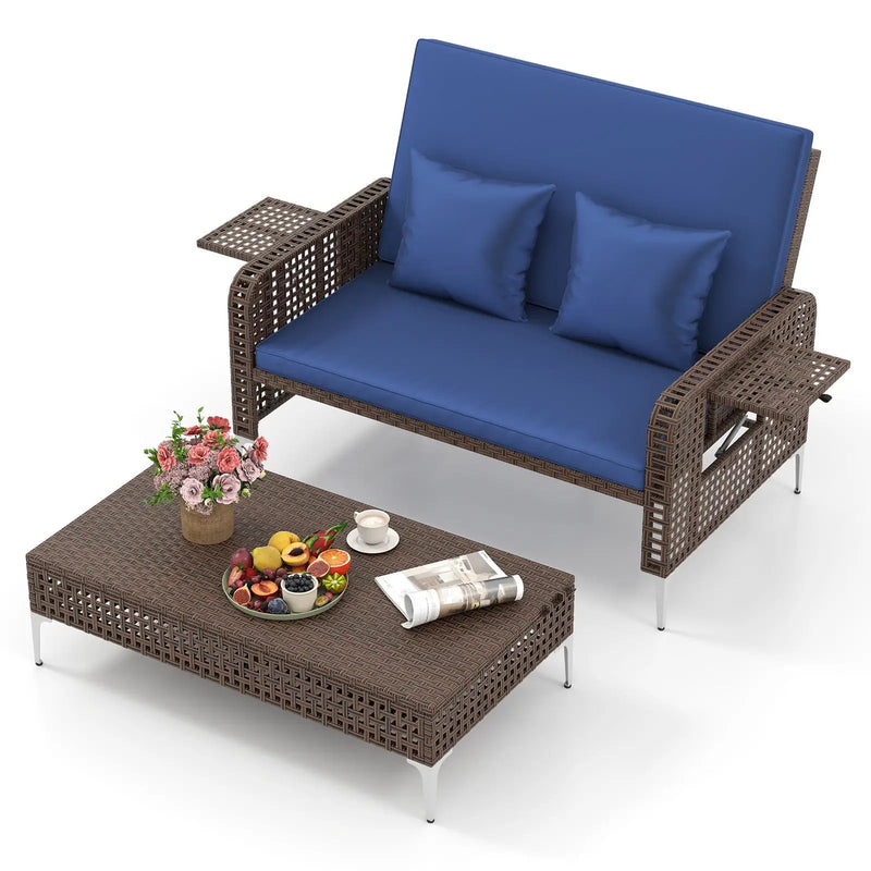 2 Piece Patio Rattan Daybed Wicker Loveseat and Ottoman with Adjustable Backrest by DirectDeals