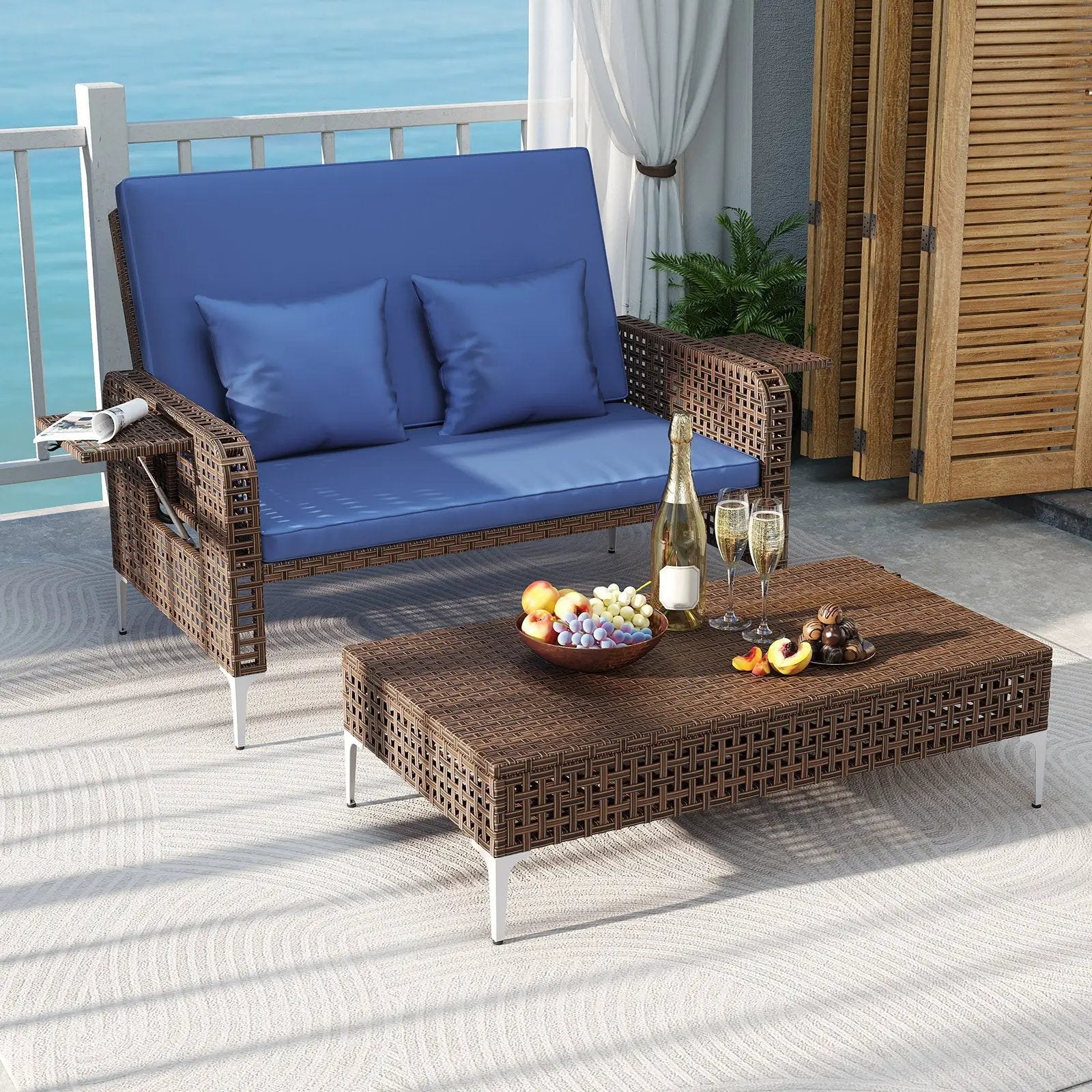 2 Piece Patio Rattan Daybed Wicker Loveseat and Ottoman with Adjustable Backrest by DirectDeals