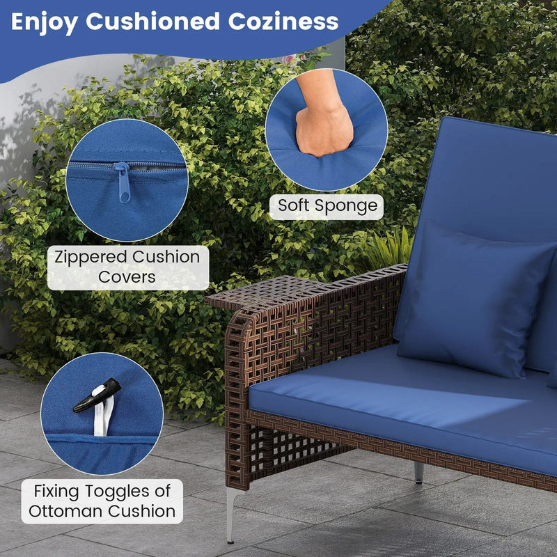 2 Piece Patio Rattan Daybed Wicker Loveseat and Ottoman with Adjustable Backrest by DirectDeals