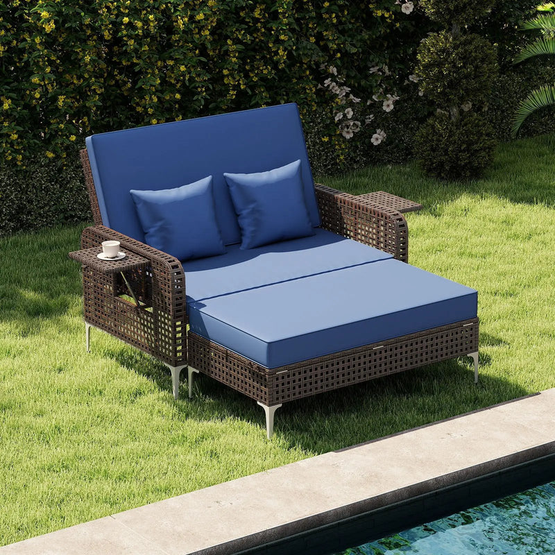 2 Piece Patio Rattan Daybed Wicker Loveseat and Ottoman with Adjustable Backrest by DirectDeals