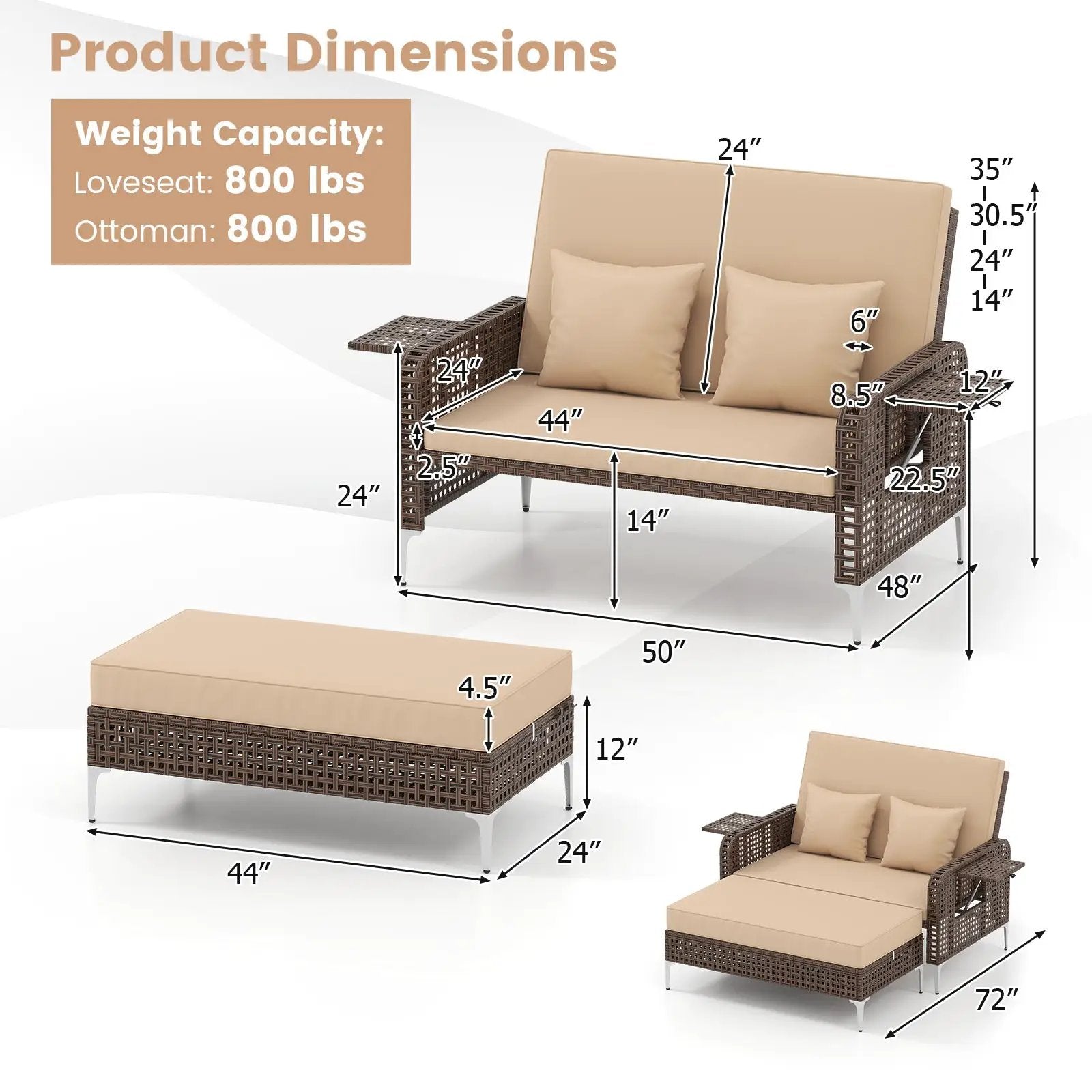 2 Piece Patio Rattan Daybed Wicker Loveseat and Ottoman with Adjustable Backrest by DirectDeals