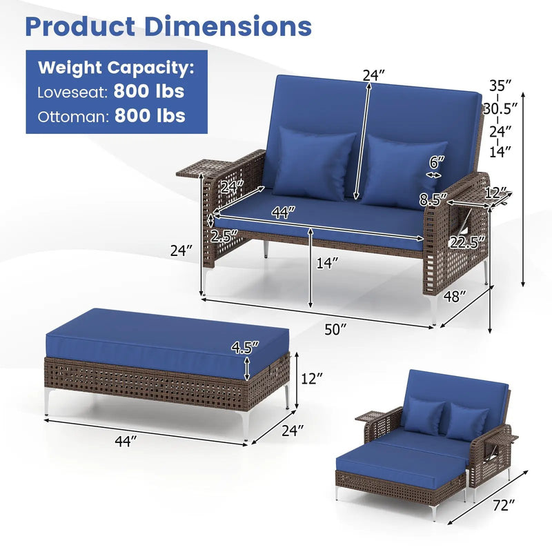 2 Piece Patio Rattan Daybed Wicker Loveseat and Ottoman with Adjustable Backrest by DirectDeals