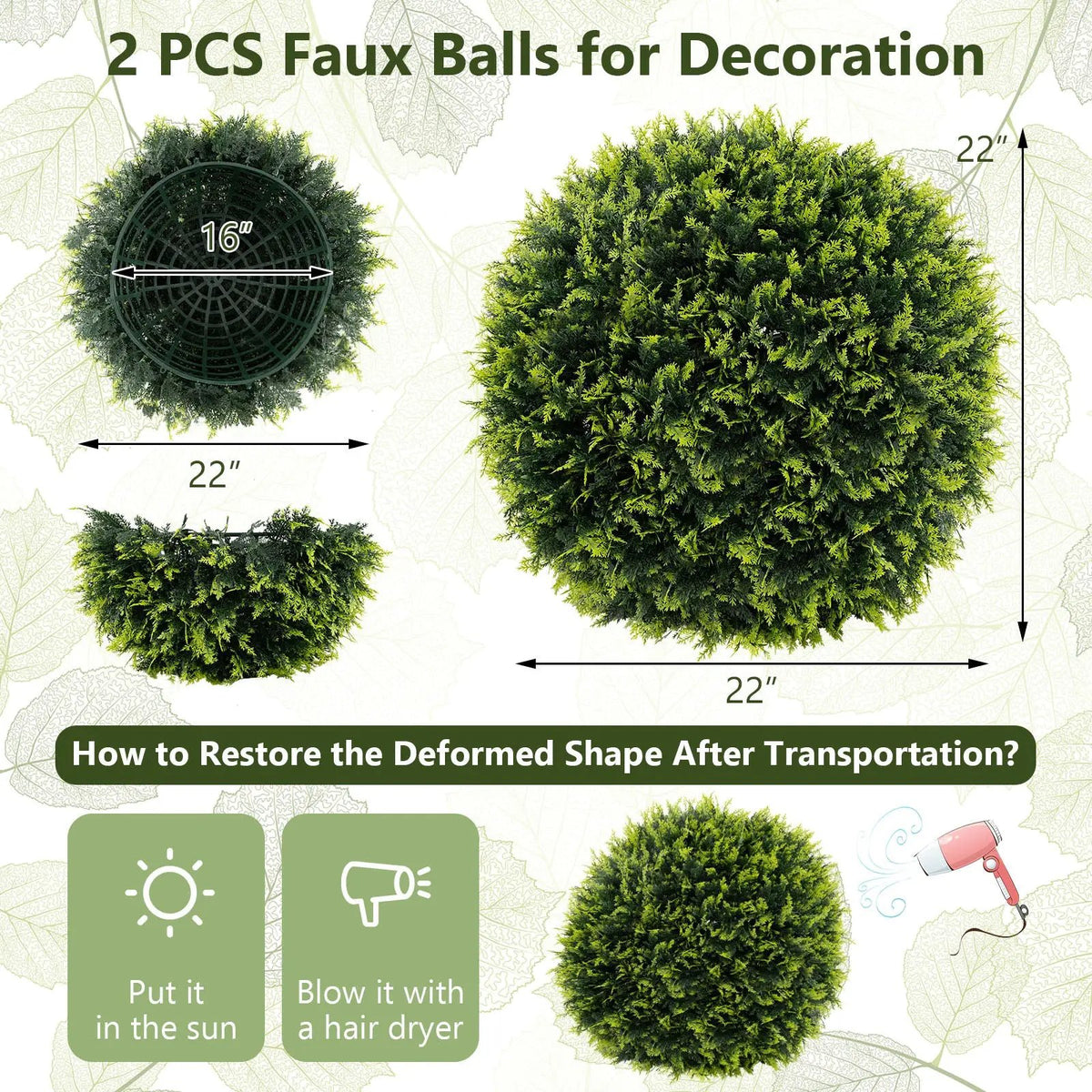 2 Pieces 18/22 Inches Indoor Outdoor Faux Decorative Balls for Patio Garden Front Door Balcony and Backyard by DirectDeals