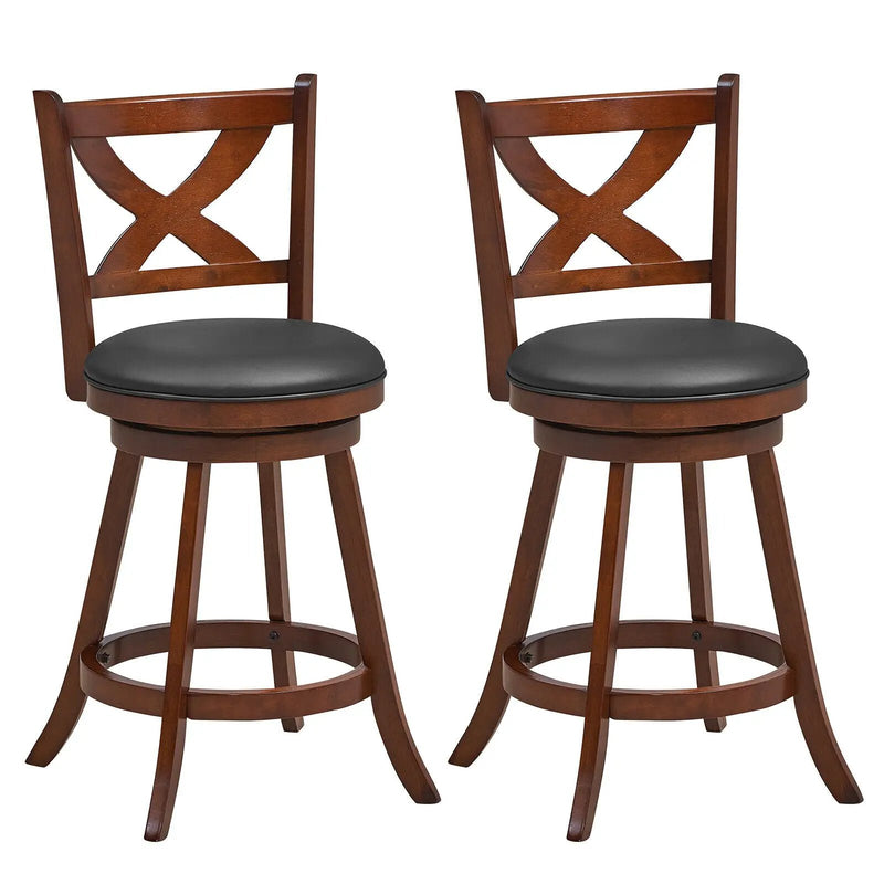 2 Pieces Classic Counter Height Swivel Bar Stool Set with X-shaped Open Back by DirectDeals