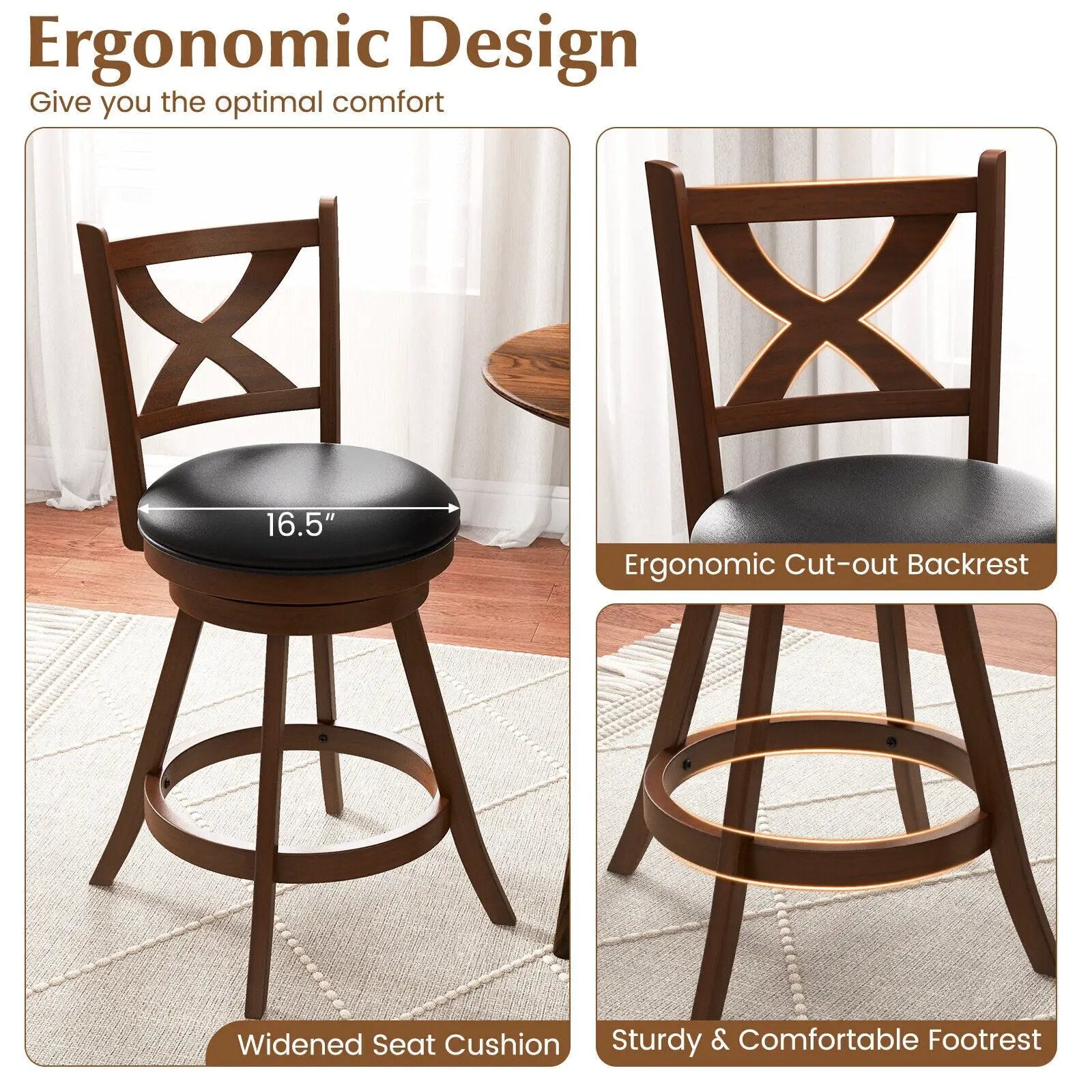 2 Pieces Classic Counter Height Swivel Bar Stool Set with X-shaped Open Back by DirectDeals