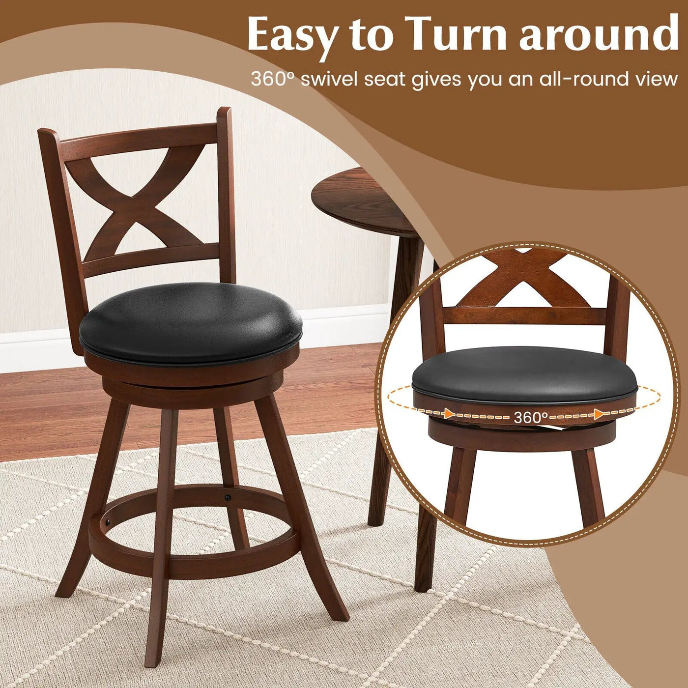 2 Pieces Classic Counter Height Swivel Bar Stool Set with X-shaped Open Back by DirectDeals
