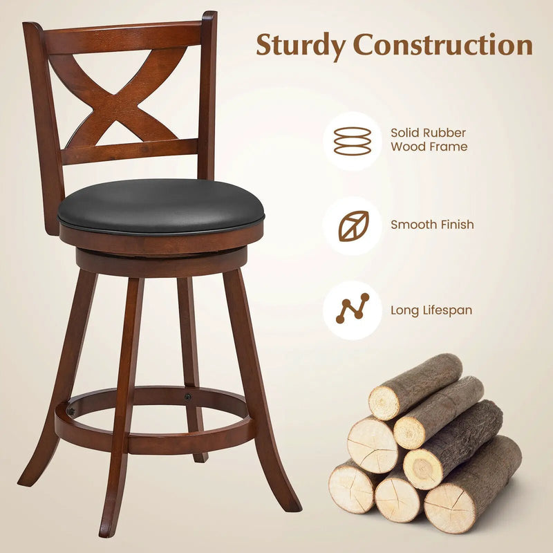 2 Pieces Classic Counter Height Swivel Bar Stool Set with X-shaped Open Back by DirectDeals