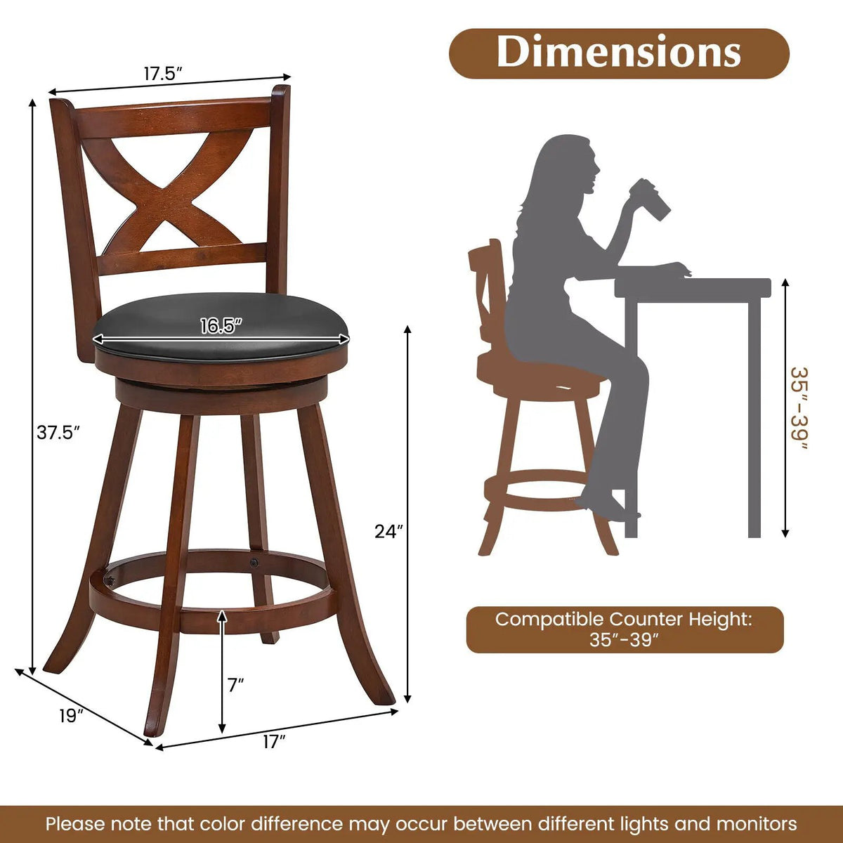 2 Pieces Classic Counter Height Swivel Bar Stool Set with X-shaped Open Back by DirectDeals