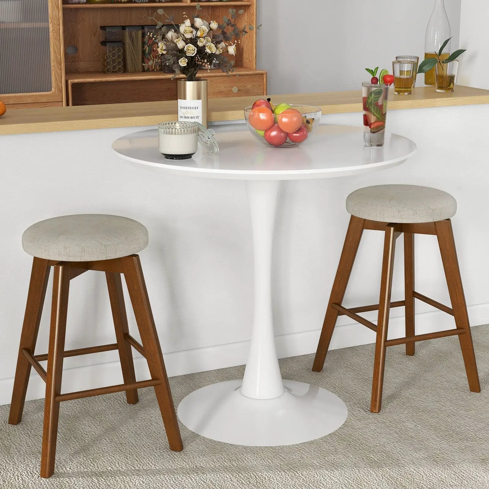 2 Pieces 26 Inch Backless Swivel Barstools with Linen Fabric Seat-Beige by DirectDeals