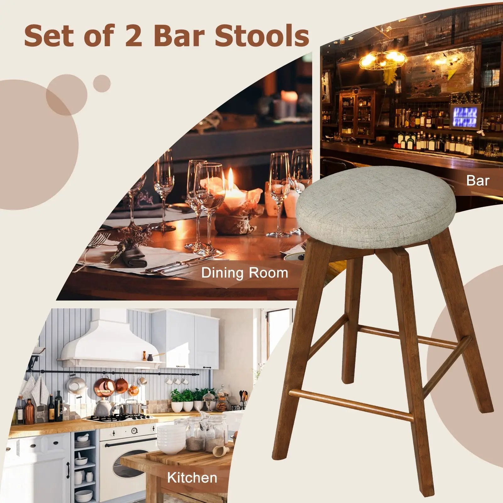 2 Pieces 26 Inch Backless Swivel Barstools with Linen Fabric Seat-Beige by DirectDeals