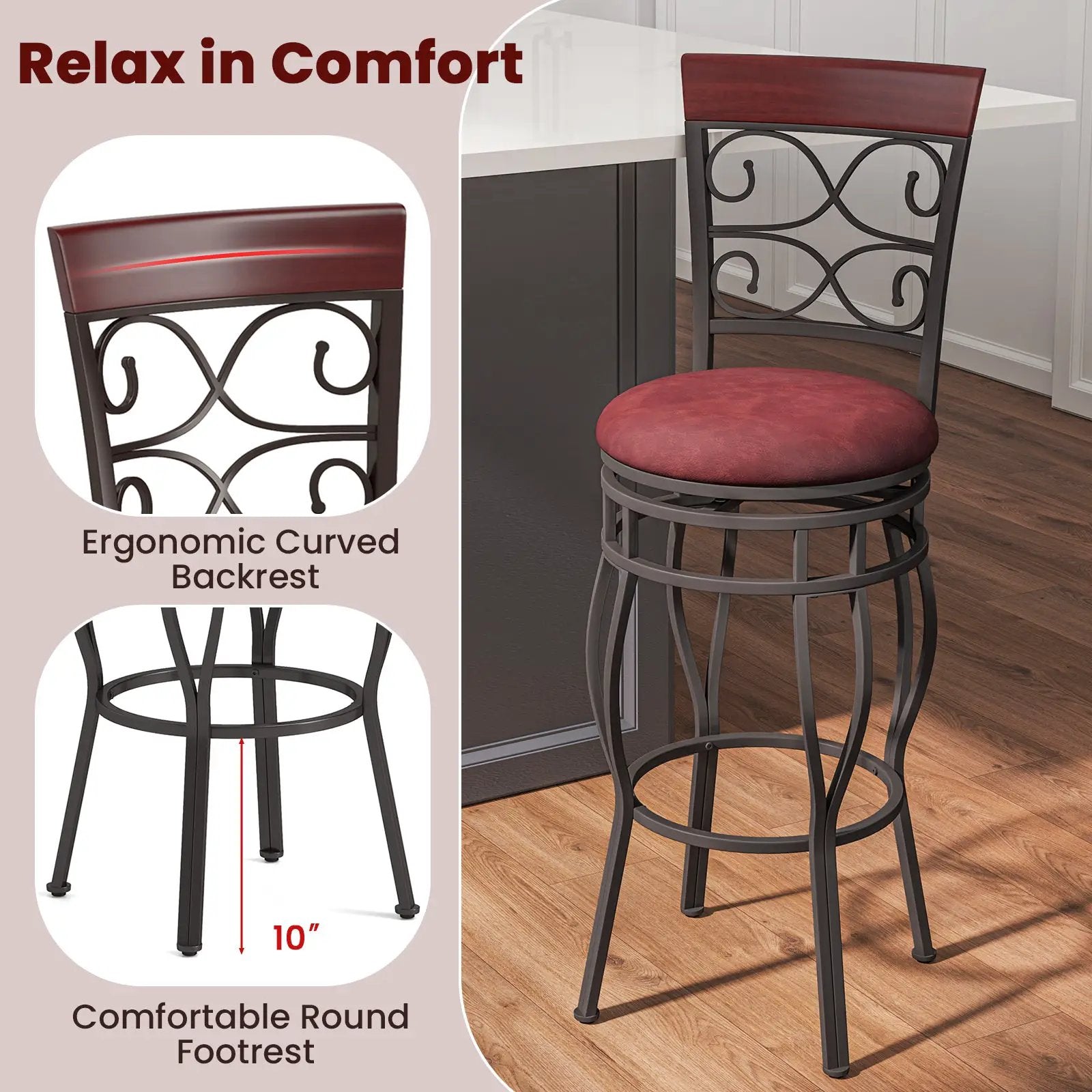Set of 2 30 Inch Bar Stool with Backrest and Footrest by DirectDeals