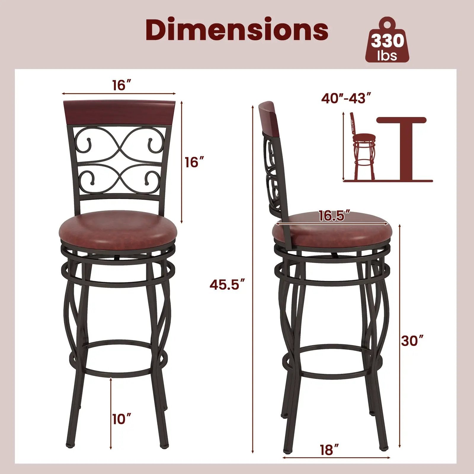 Set of 2 30 Inch Bar Stool with Backrest and Footrest by DirectDeals