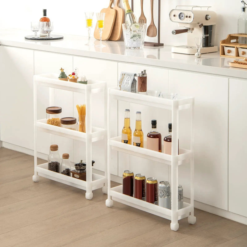 2 Pieces 3-Tier Slim Detachable Storage Cart with Drainage Holes and Wheels-White by DirectDeals