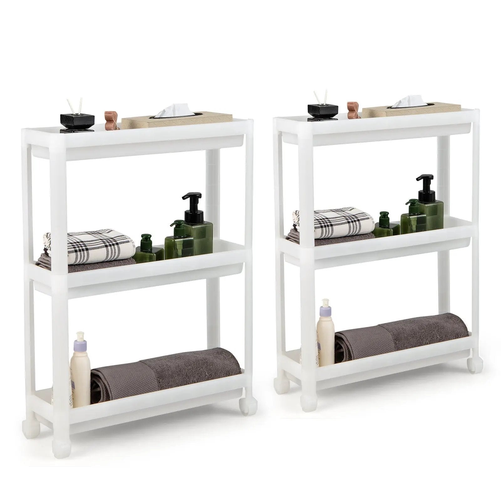 2 Pieces 3-Tier Slim Detachable Storage Cart with Drainage Holes and Wheels-White by DirectDeals