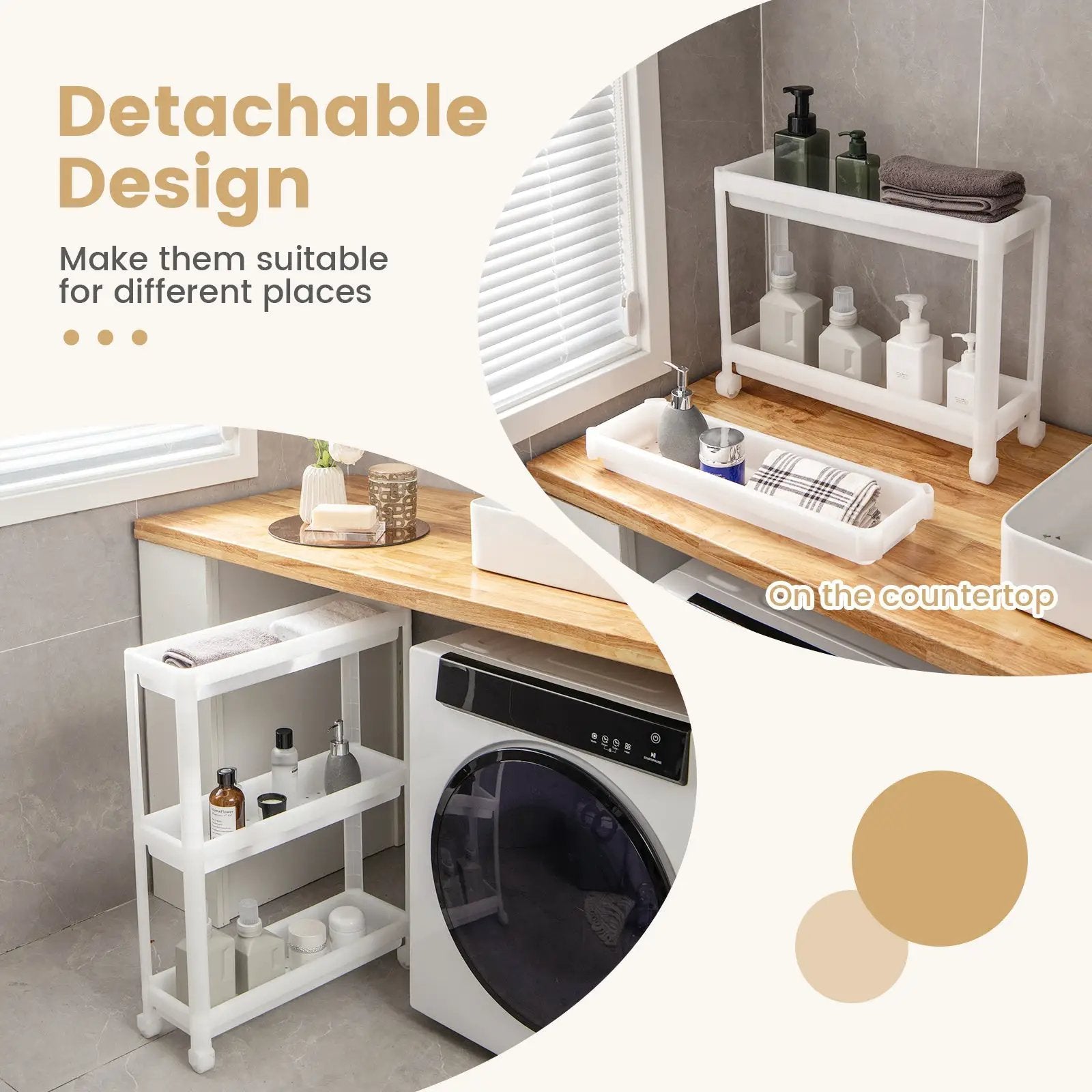 2 Pieces 3-Tier Slim Detachable Storage Cart with Drainage Holes and Wheels-White by DirectDeals