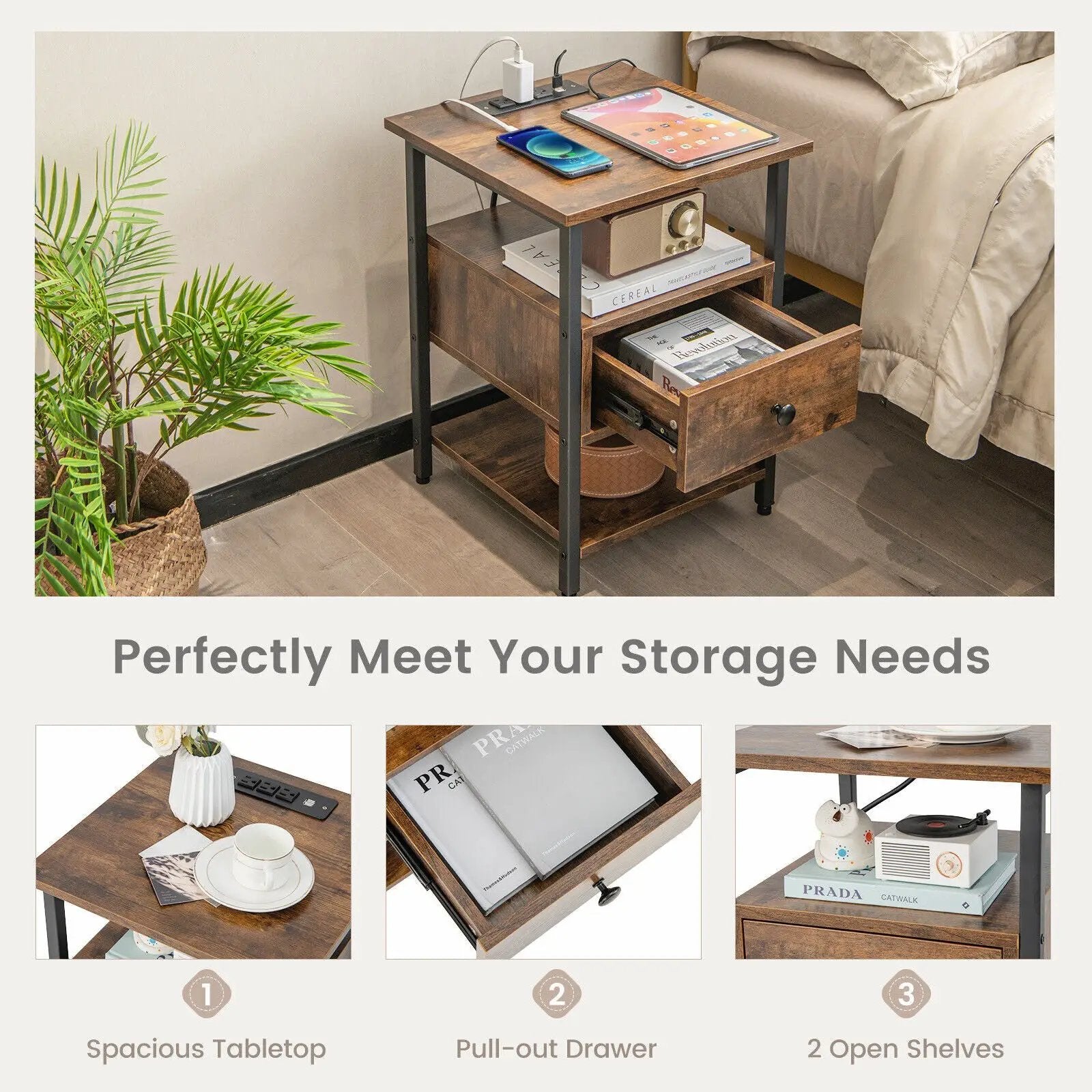 1/2 Pieces 3-Tier Nightstand with Charging Station and Drawer by DirectDeals