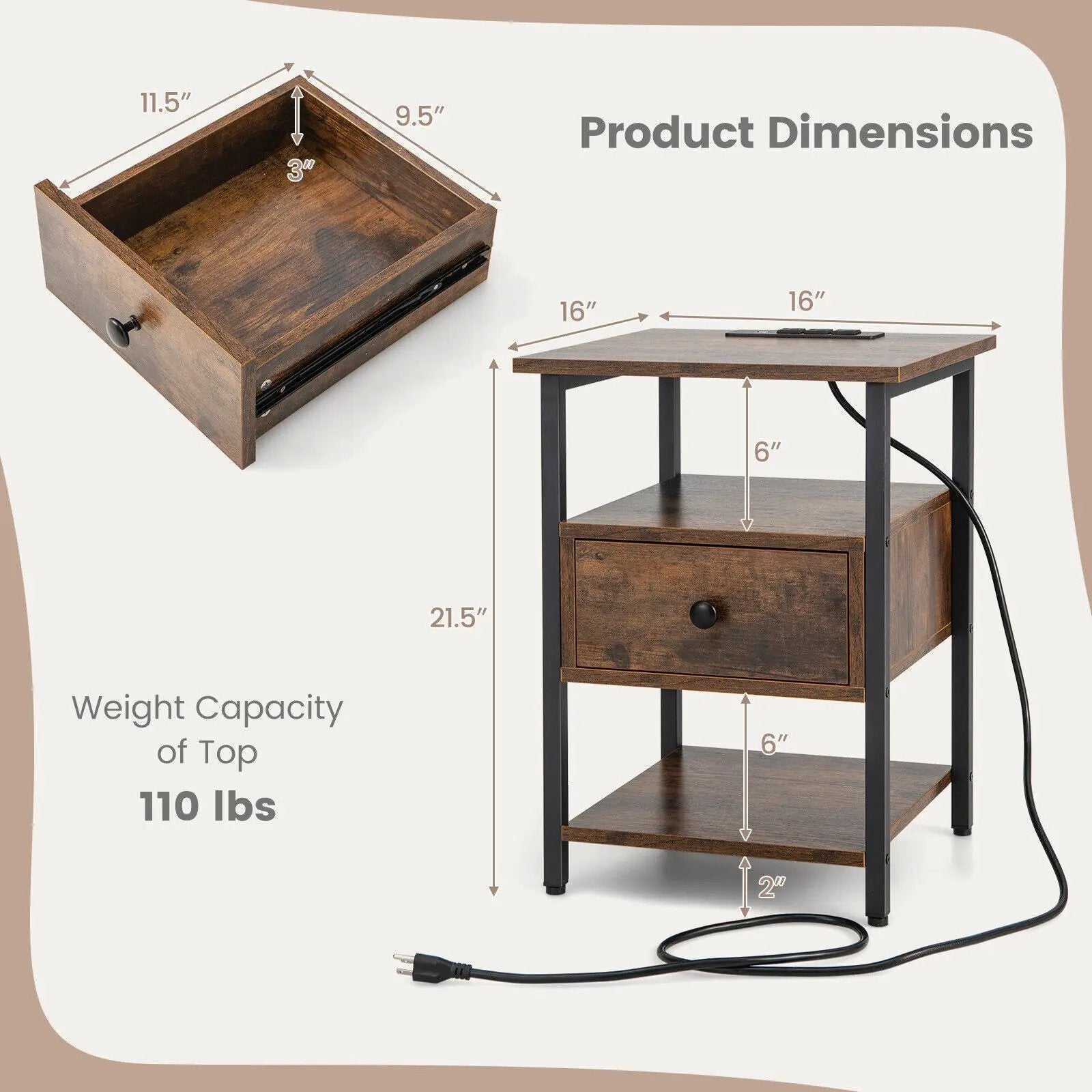 1/2 Pieces 3-Tier Nightstand with Charging Station and Drawer by DirectDeals