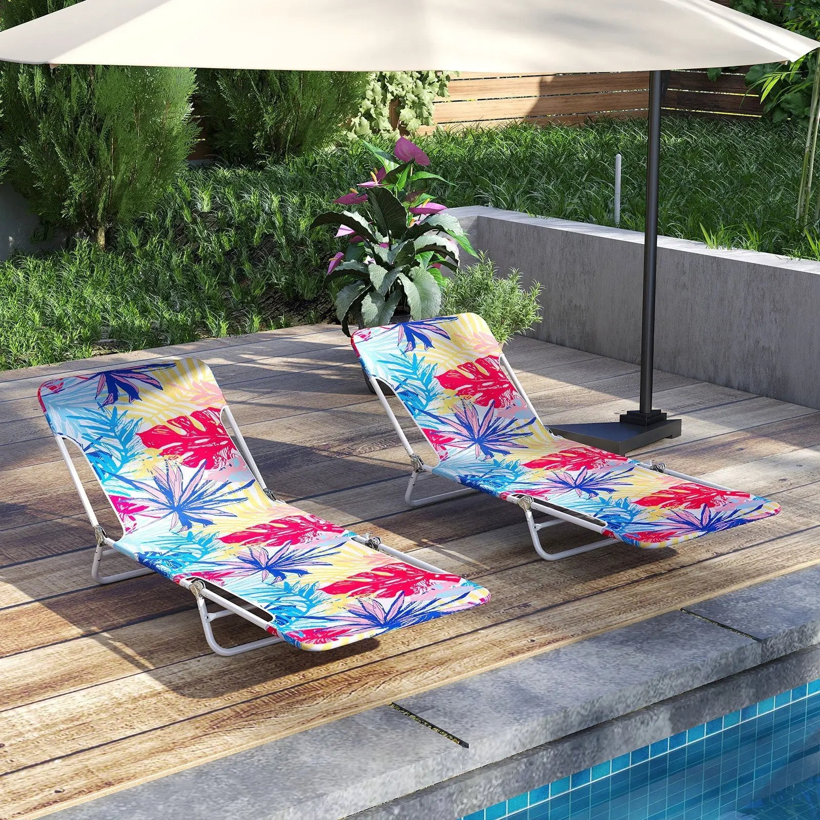 2 Pieces 5-position Lay Flat Beach Recliner with Carry Strap and Metal Frame by DirectDeals
