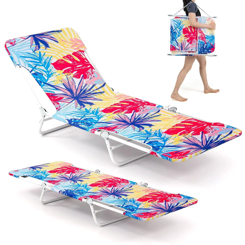 2 Pieces 5-position Lay Flat Beach Recliner with Carry Strap and Metal Frame by DirectDeals