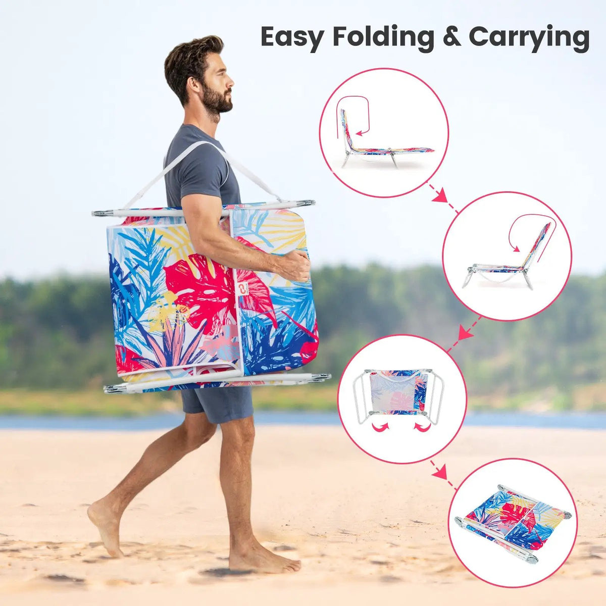 2 Pieces 5-position Lay Flat Beach Recliner with Carry Strap and Metal Frame by DirectDeals