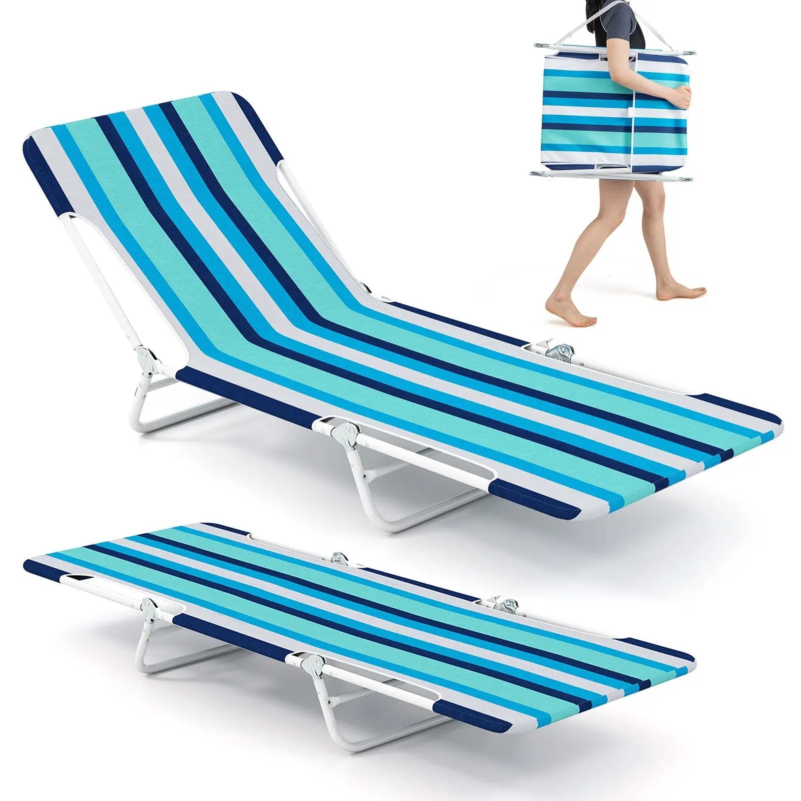 2 Pieces 5-position Lay Flat Beach Recliner with Carry Strap and Metal Frame by DirectDeals