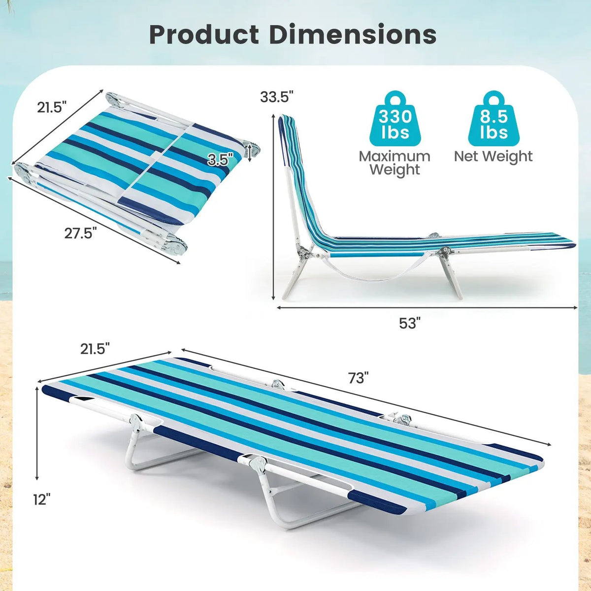 2 Pieces 5-position Lay Flat Beach Recliner with Carry Strap and Metal Frame by DirectDeals