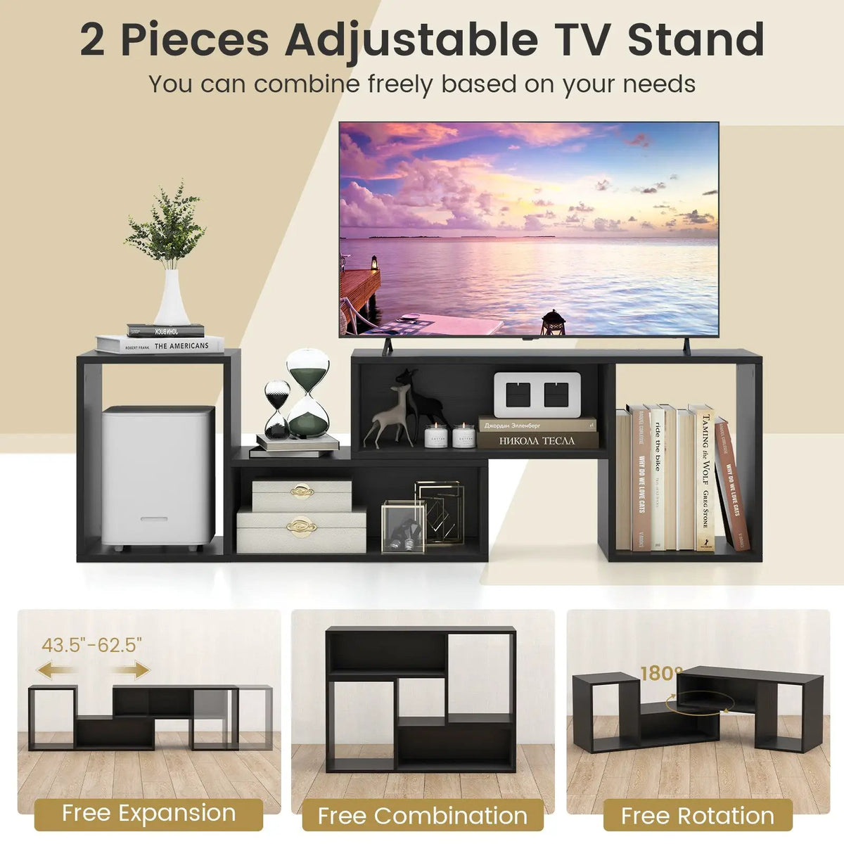 2 Pieces Adjustable TV Stand for TVs up to 55 Inch with Storage Cubes by DirectDeals