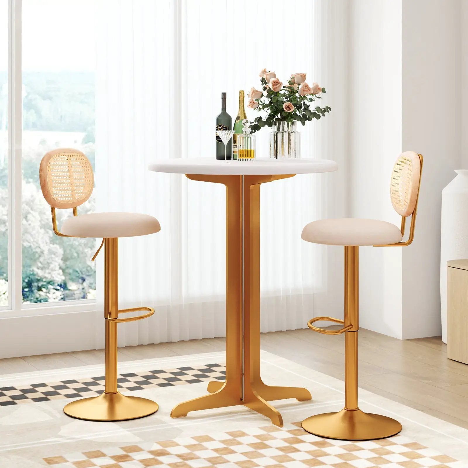 2 Pieces Bar Chairs with PE Rattan Backrest-360°Swivel and Height Adjustable by DirectDeals